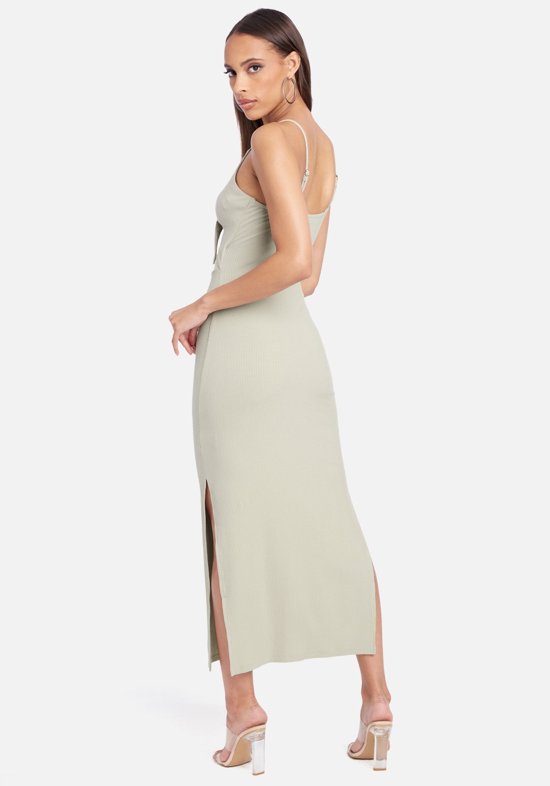 Tie Front Rib Knit Midi Dress