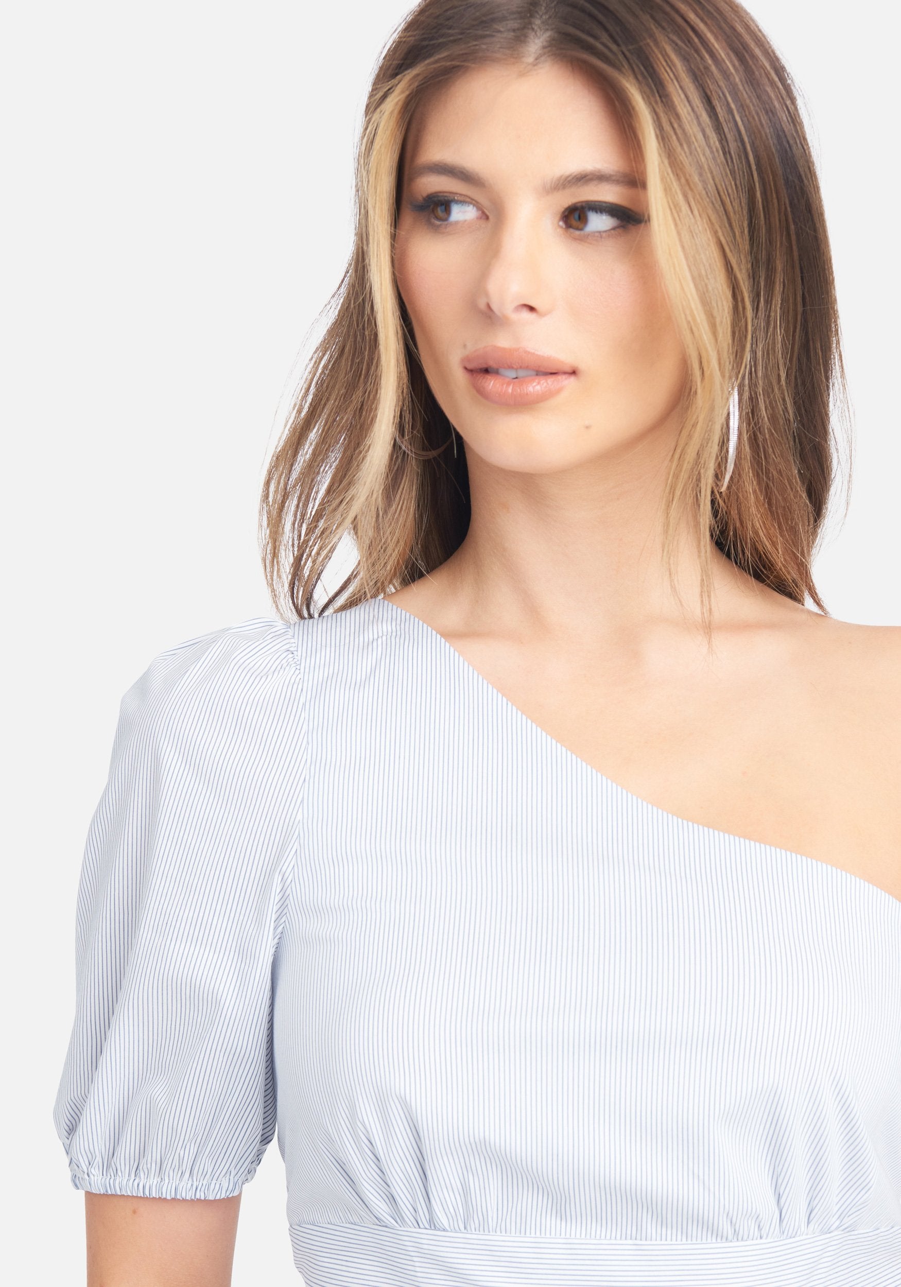 Striped One Shoulder Poplin Asymmetric Top