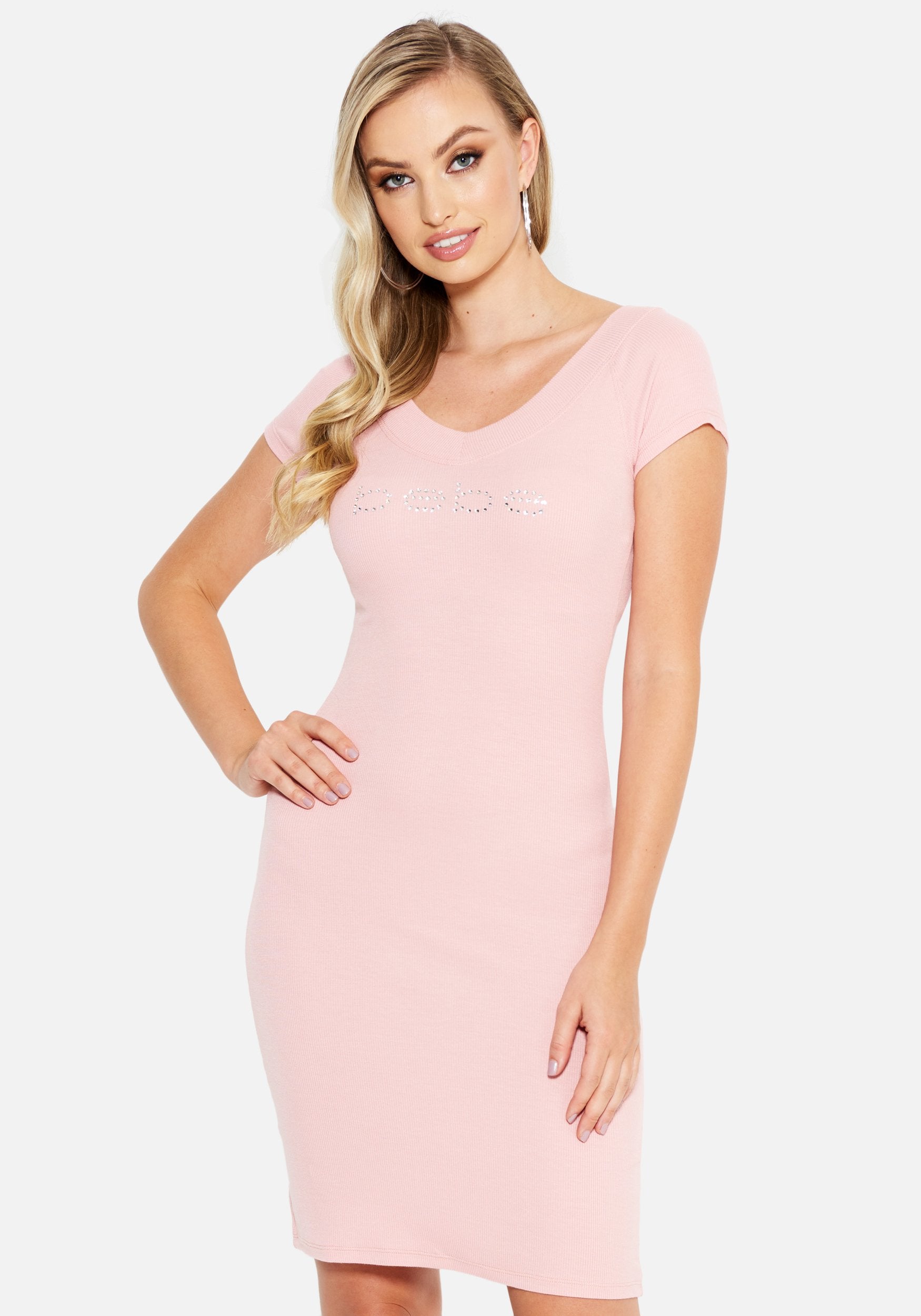Crystal Logo Short Sleeve Double V-Neck Dress