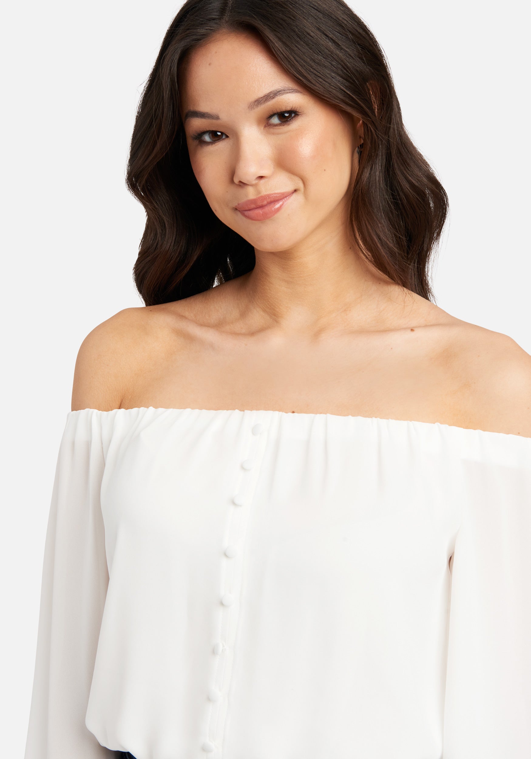 Off Shoulder Front Button Crepe Bodysuit