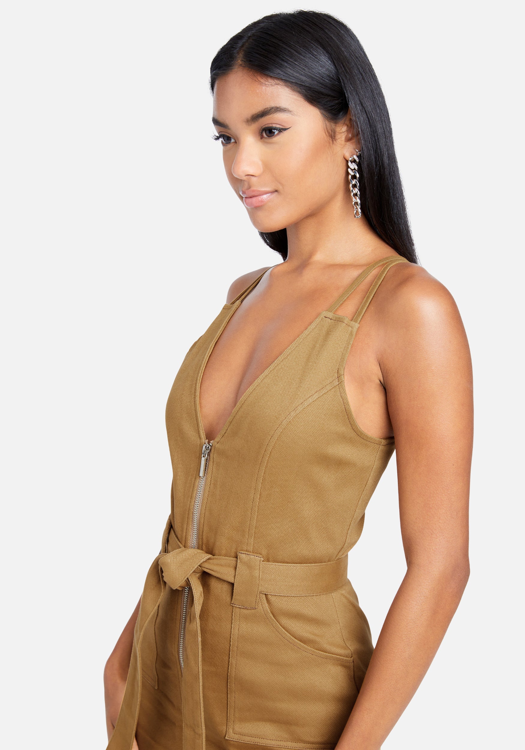 Double Strap Zip Front Midi Dress