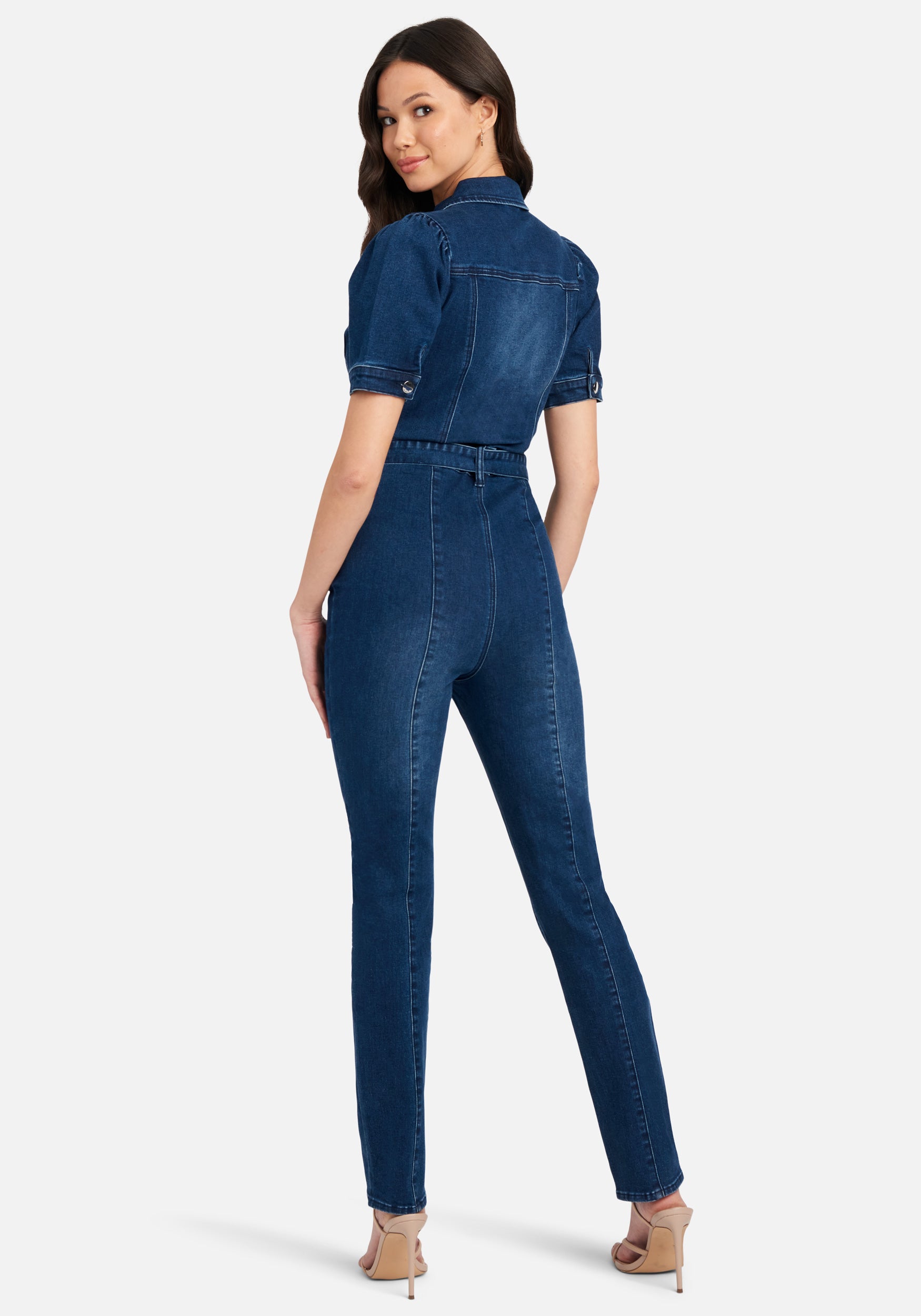Button Front Slim Leg Denim Jumpsuit