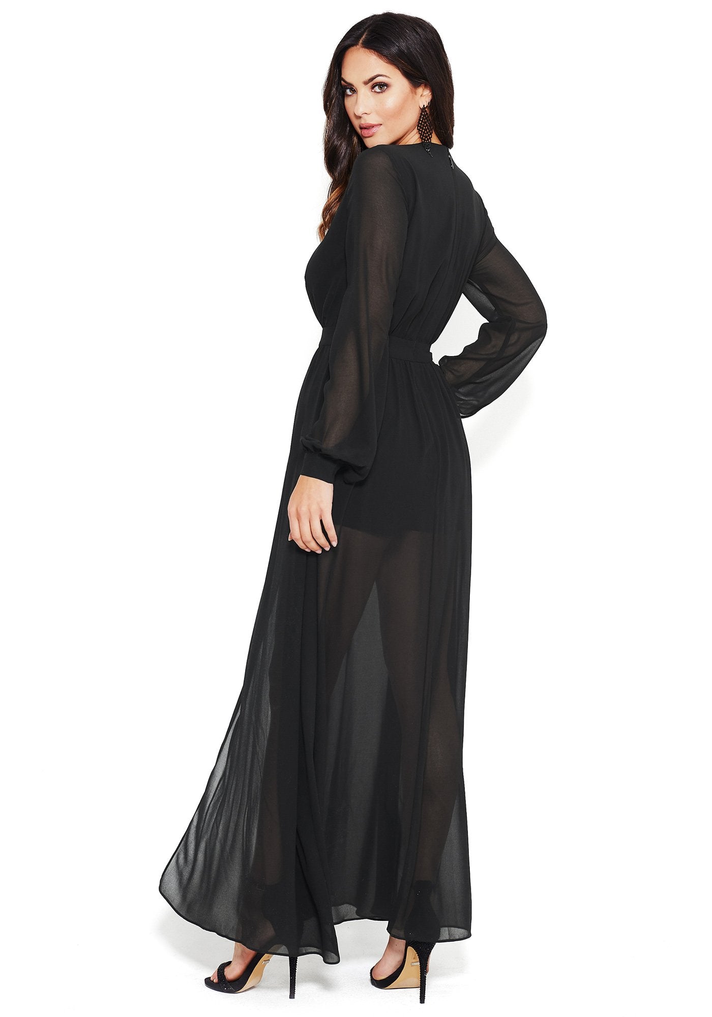 Long Sleeve Deep V Double Slit Maxi
