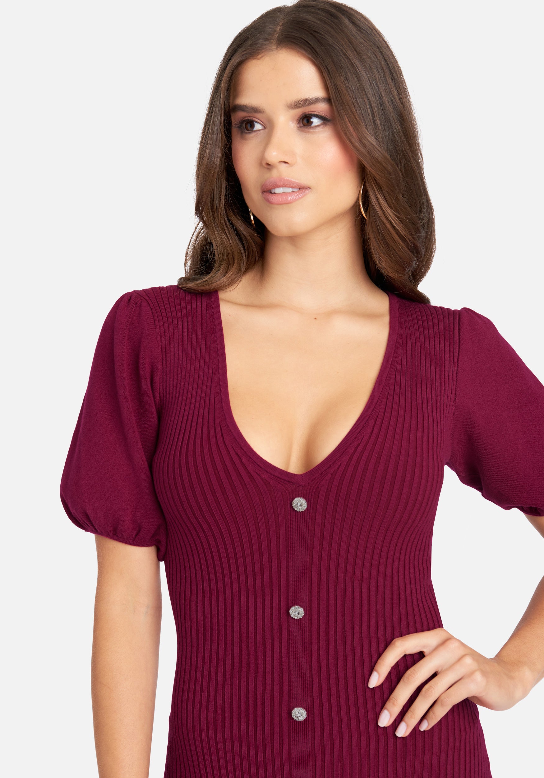 Puff Sleeve Sweater Button Dress