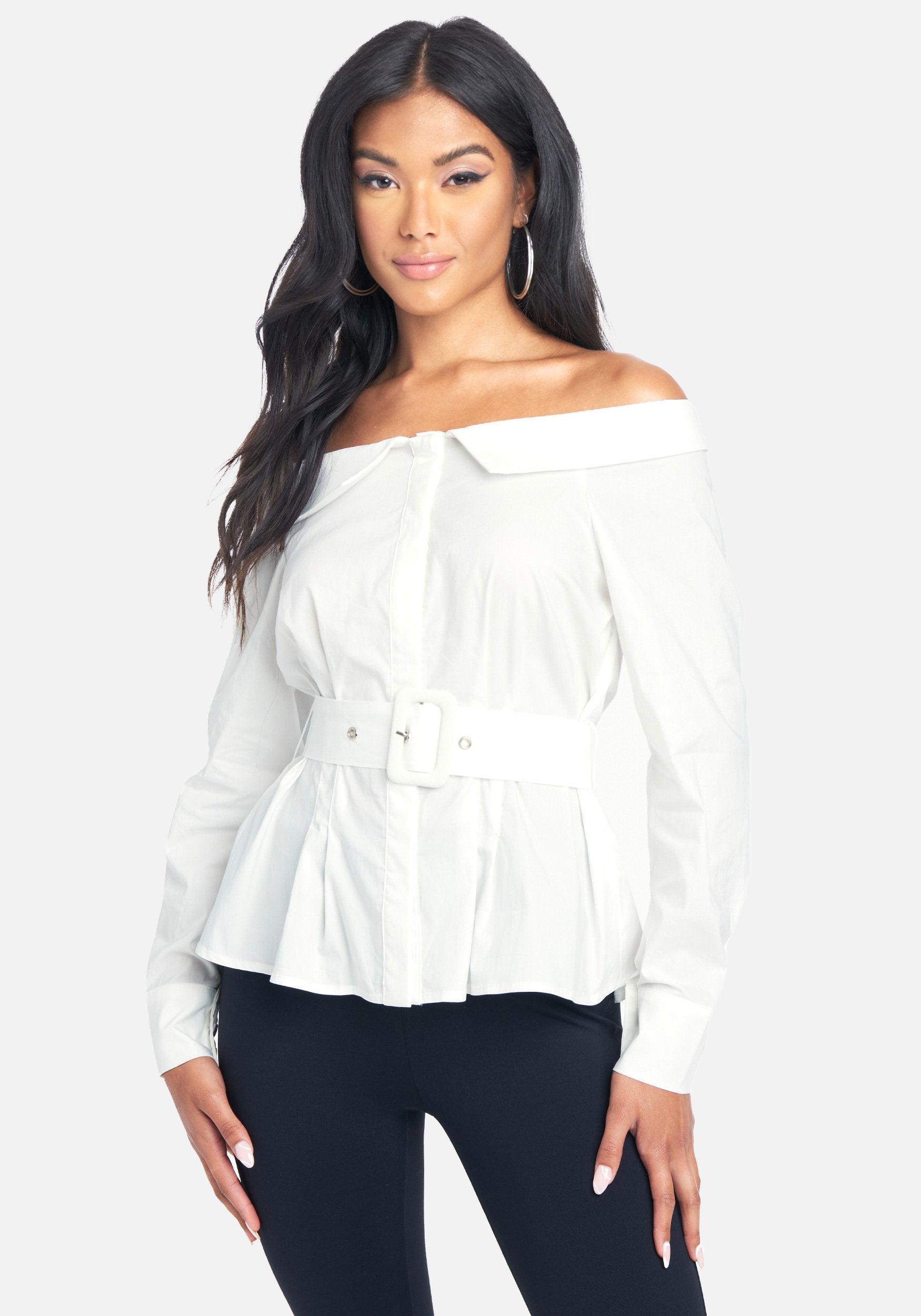 Belted Off The Shoulder Poplin Top