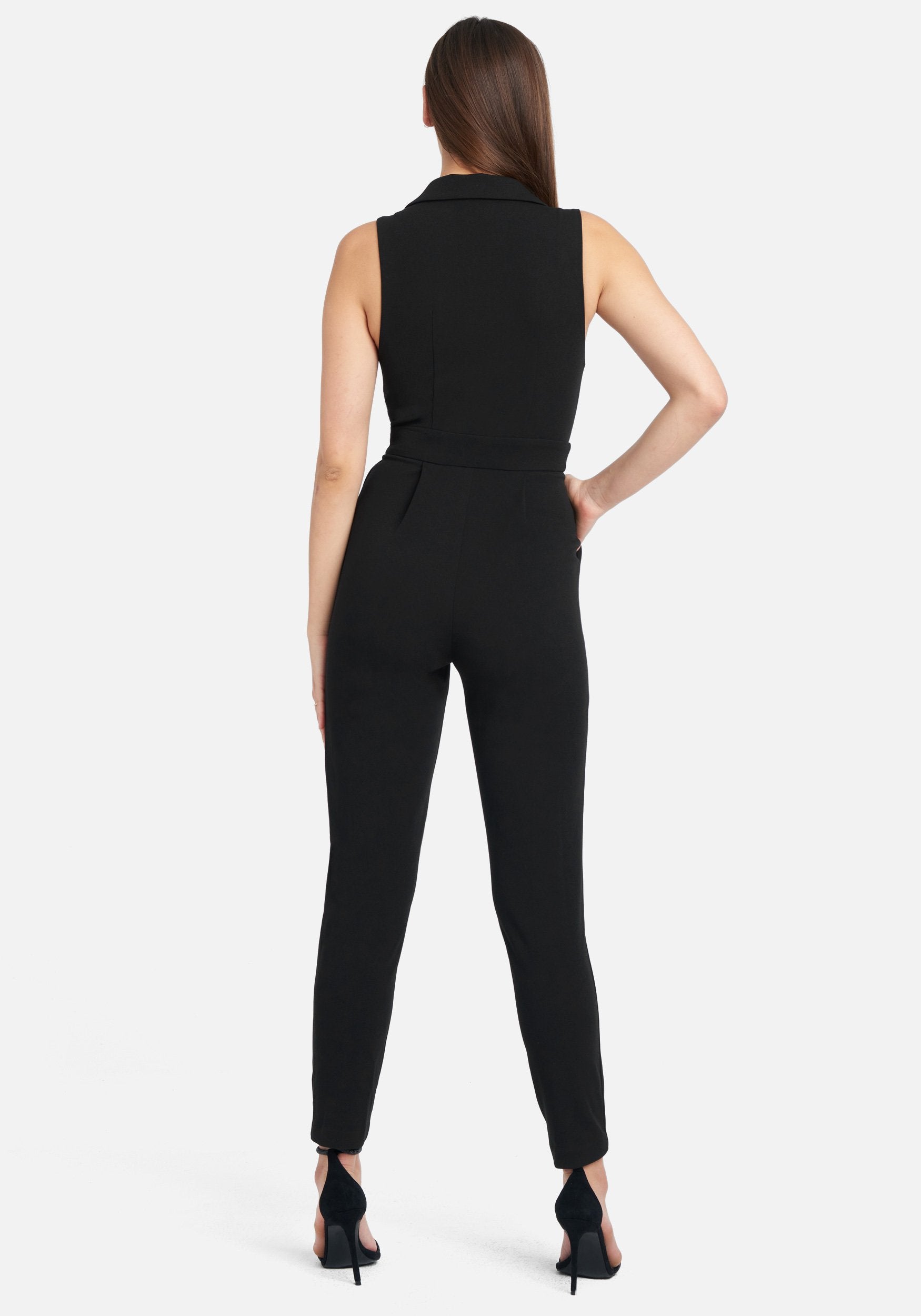 Tuxedo Satin Collar Knit Crepe Jumpsuit
