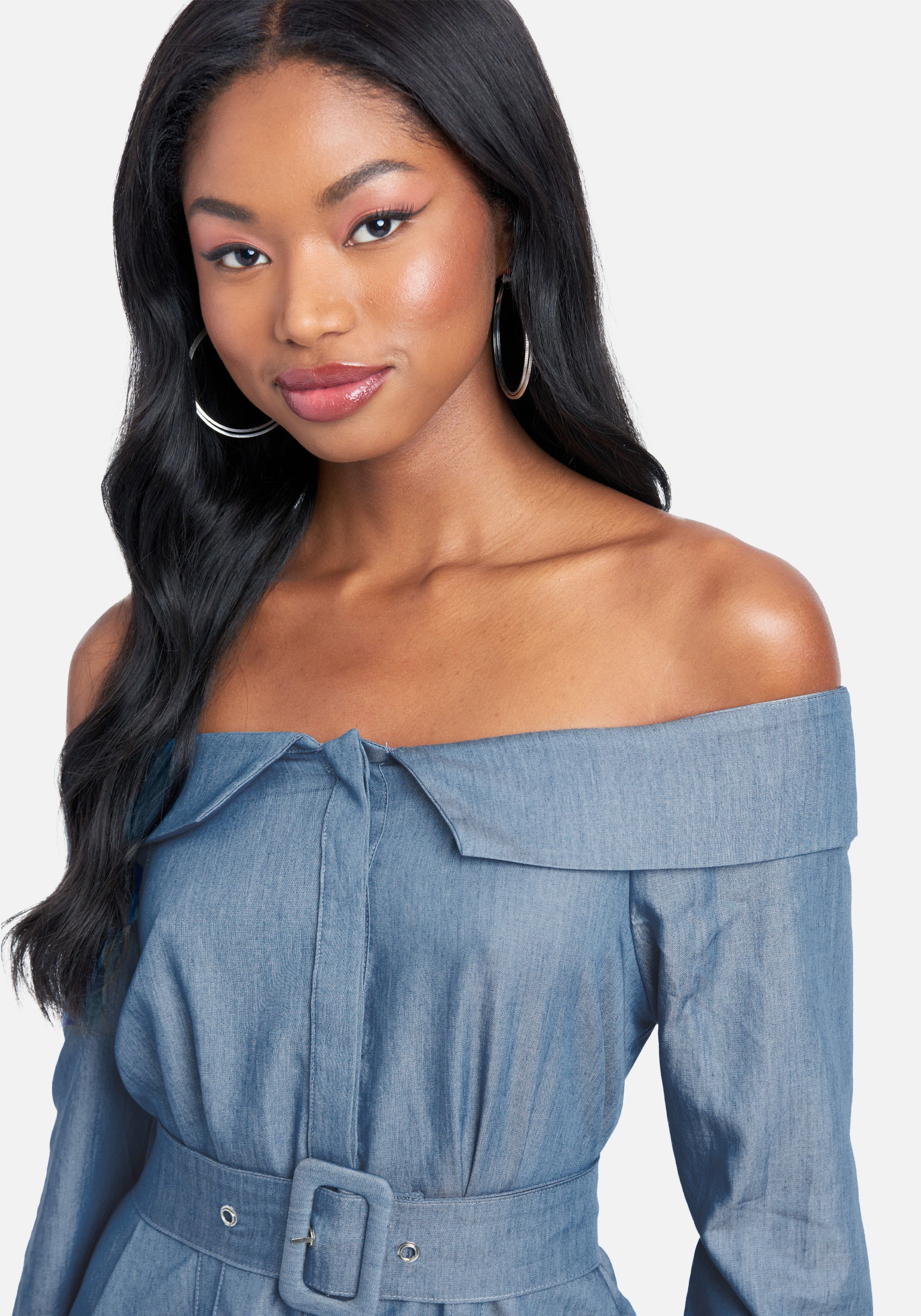 Belted Off The Shoulder Chambray Top