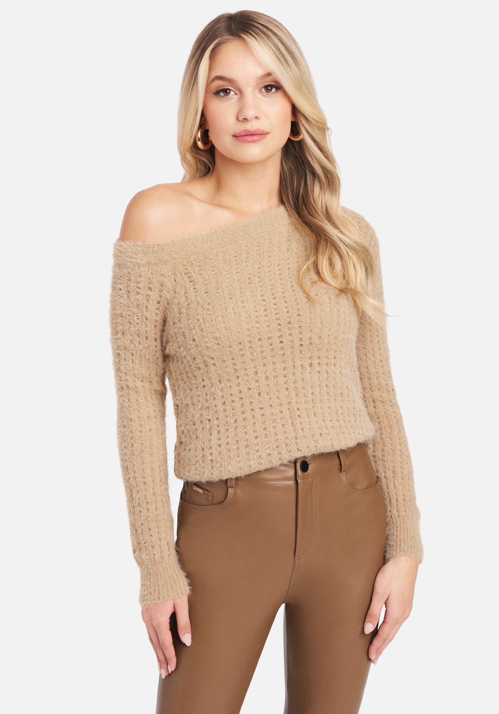 Off Shoulder Open Knit Sweater Top