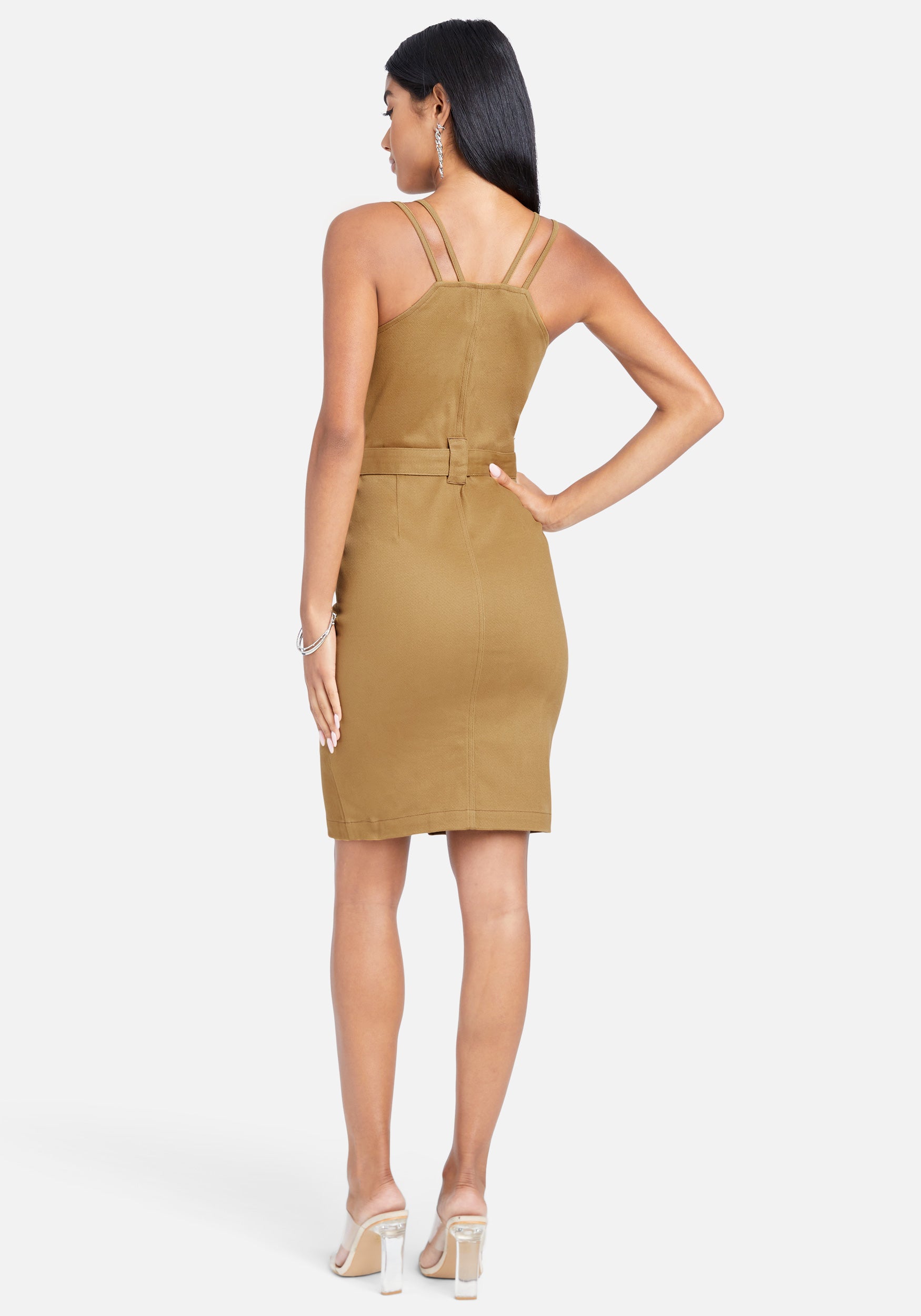 Double Strap Zip Front Midi Dress
