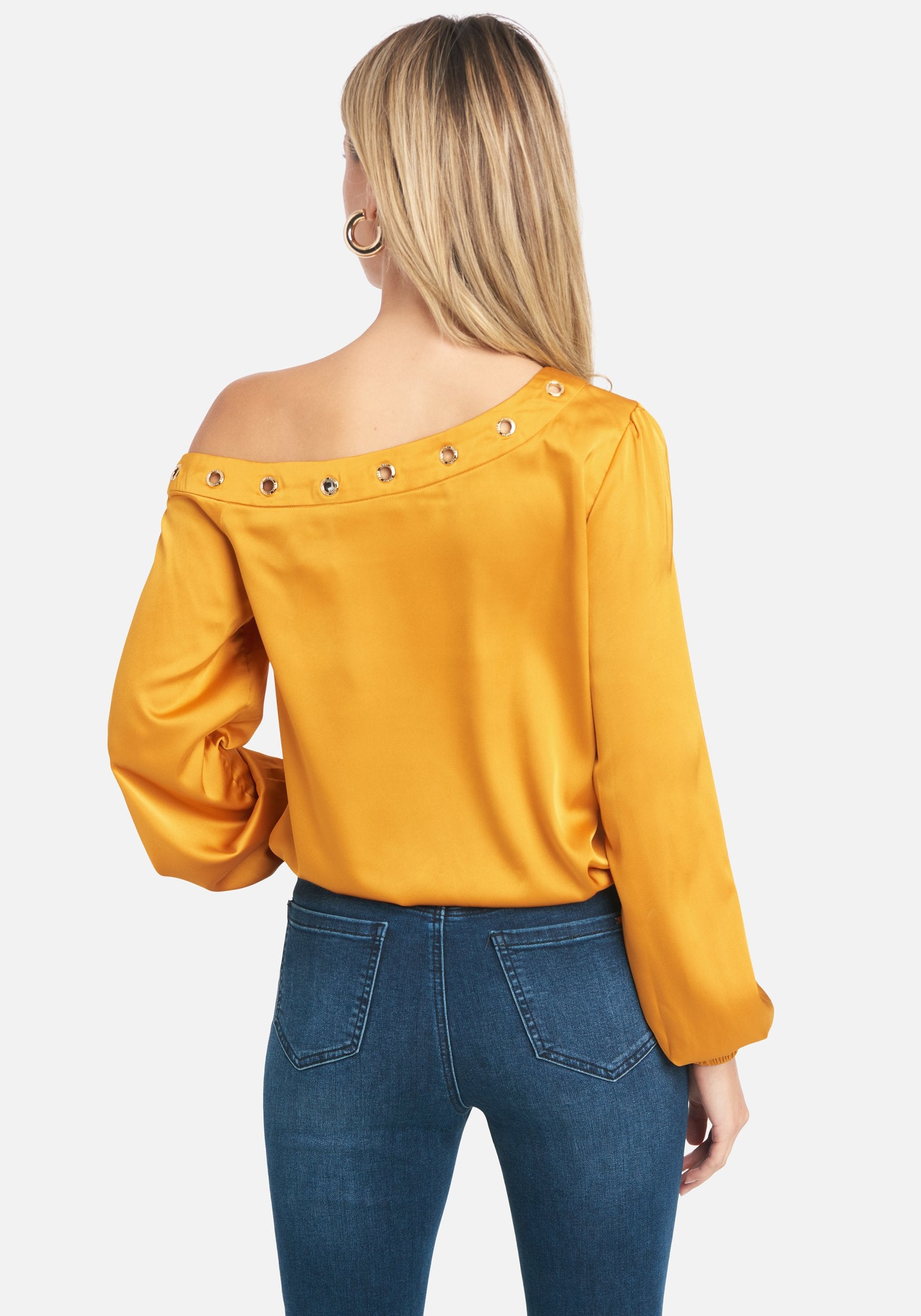 Off Shoulder Grommet Detail Satin Blouse