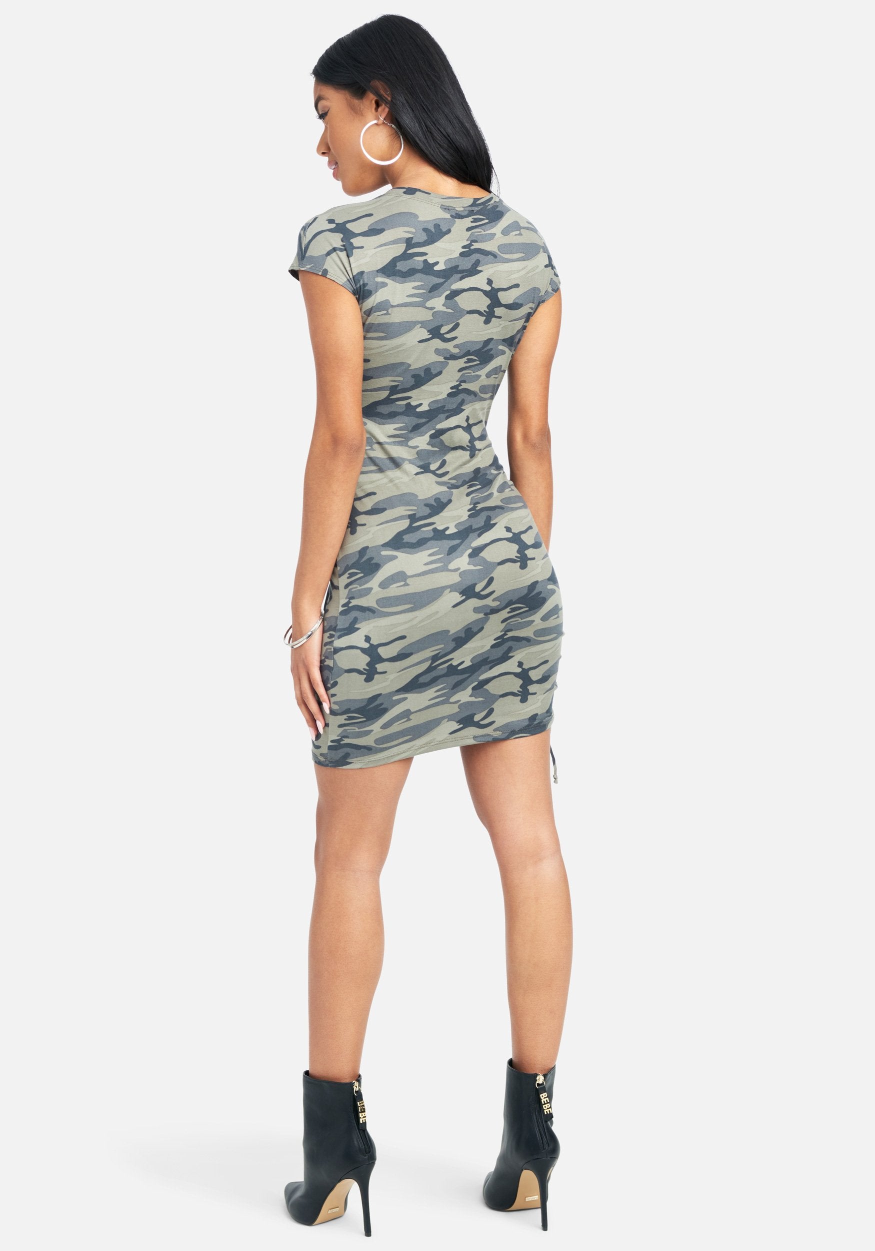 Cap Sleeve Side Ruched Camo Print Dress