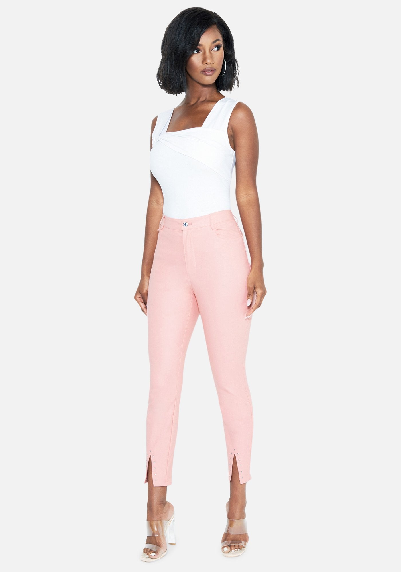 Stud Detail Slit Front Coated Pants