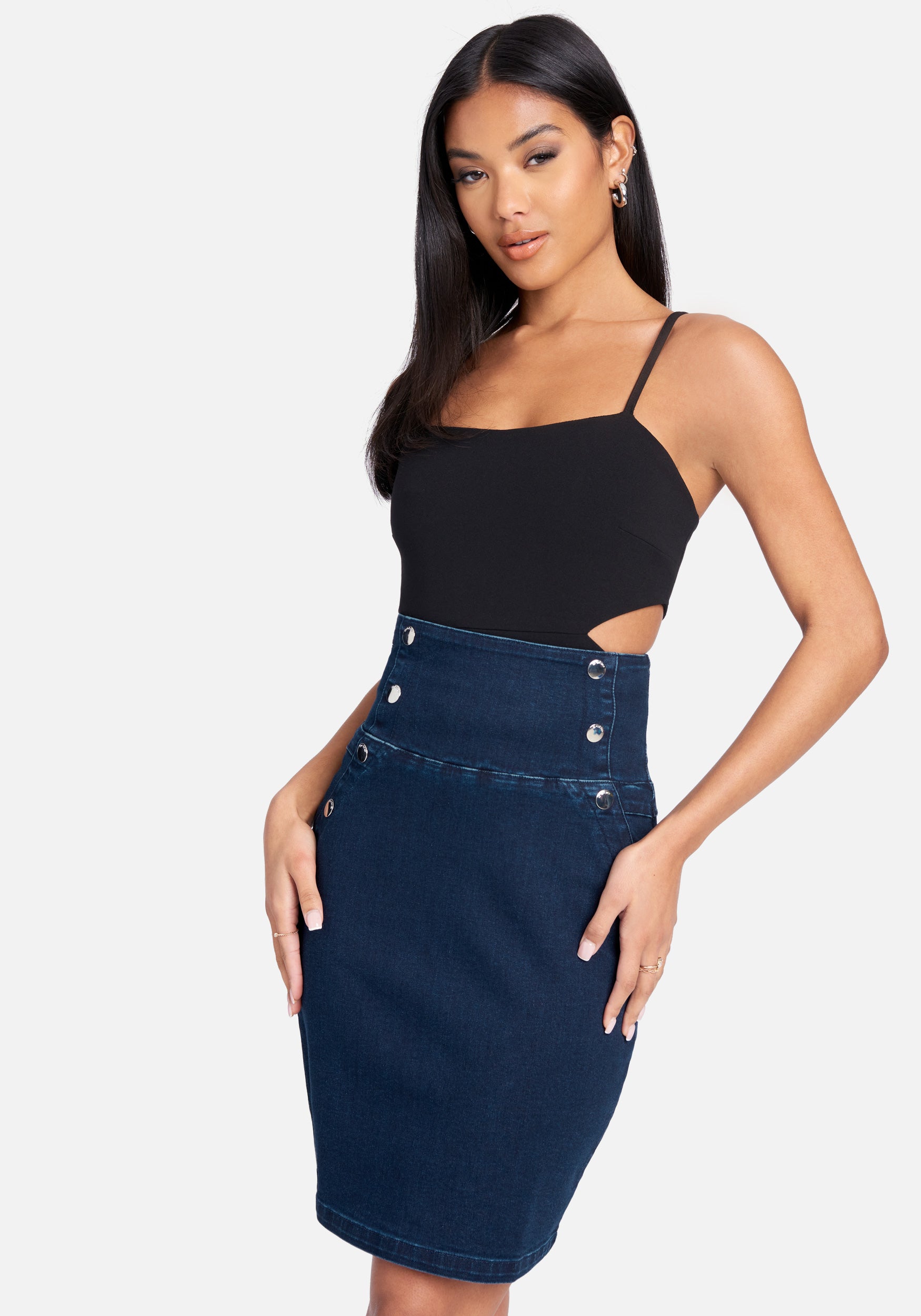 High Waist Snap Front Detail Zip Back Pencil Denim Skirt