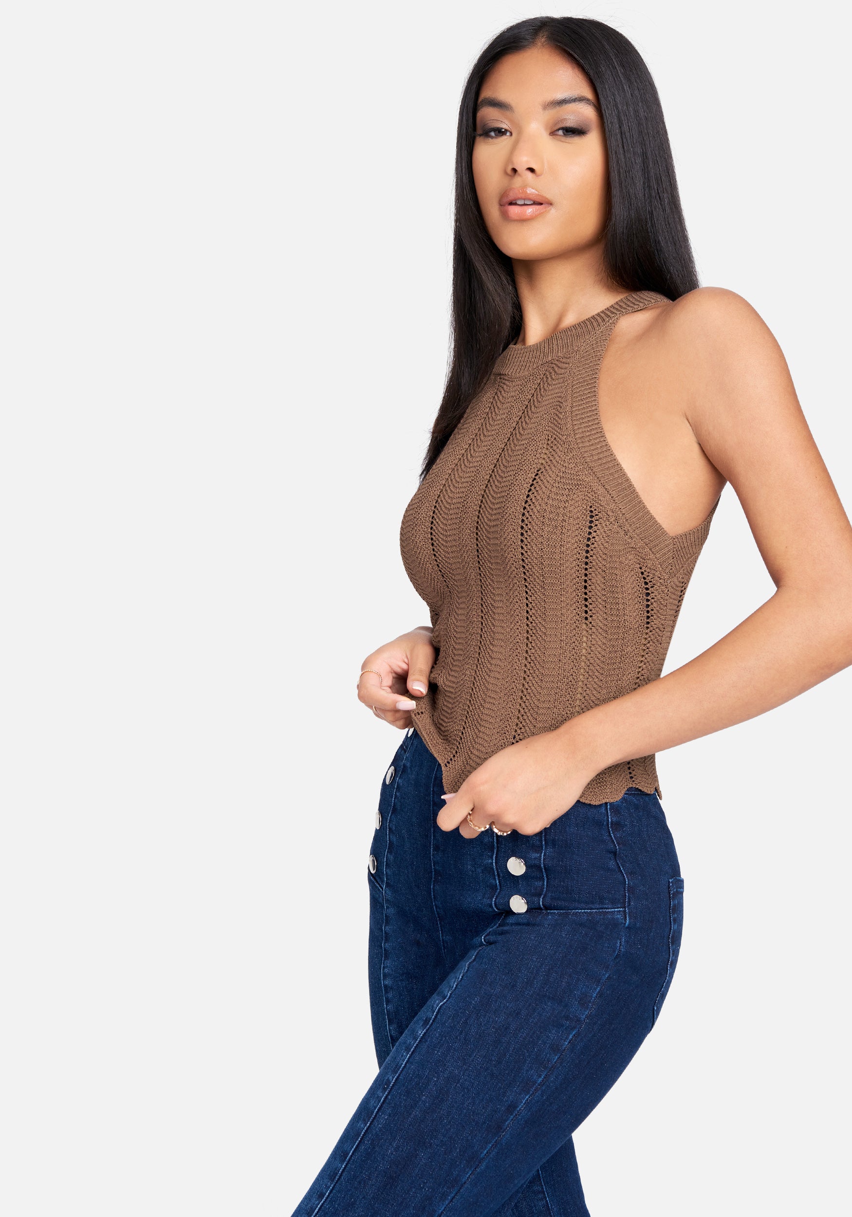 Scallop Hem Pointelle Sweater Halter Top