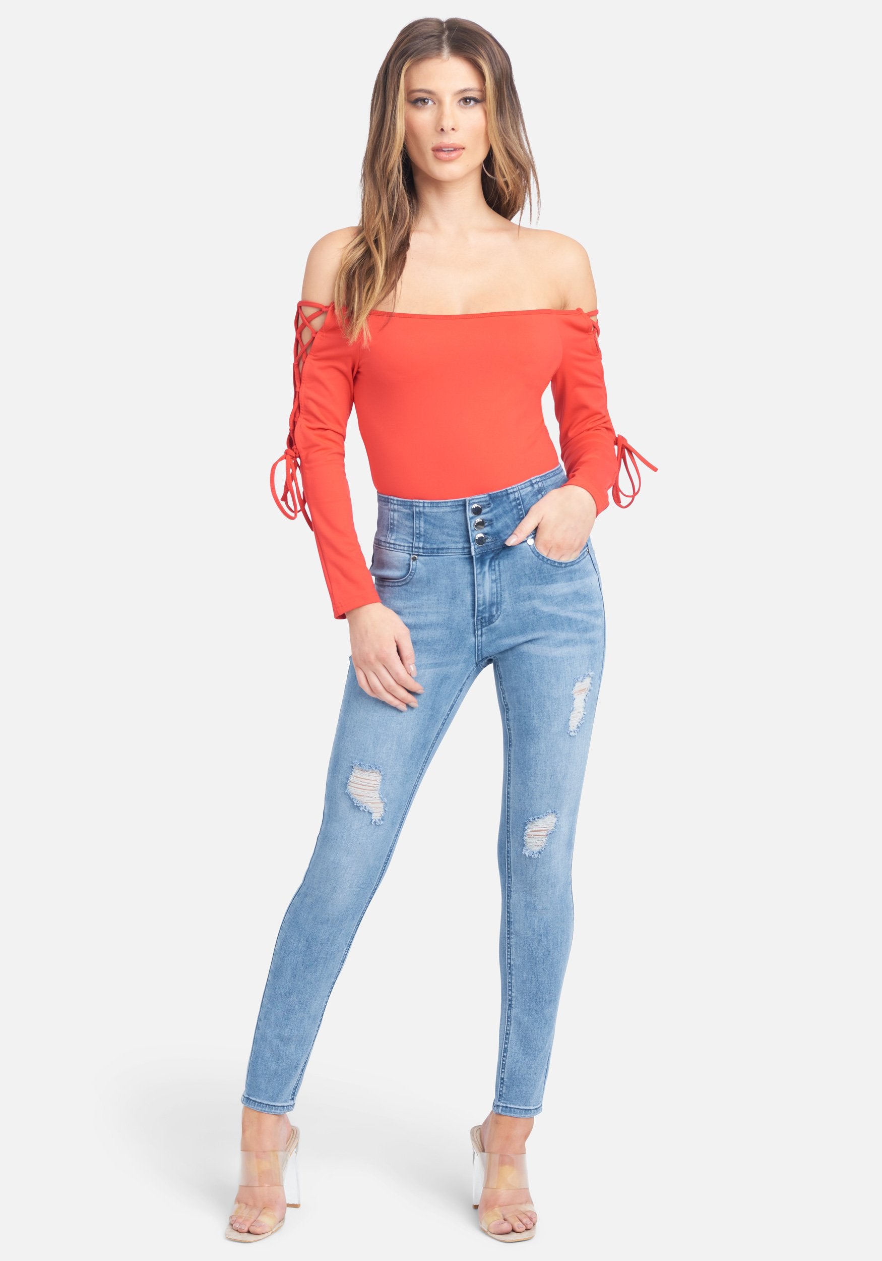 Exposed Button High Waist Skinny Jeans