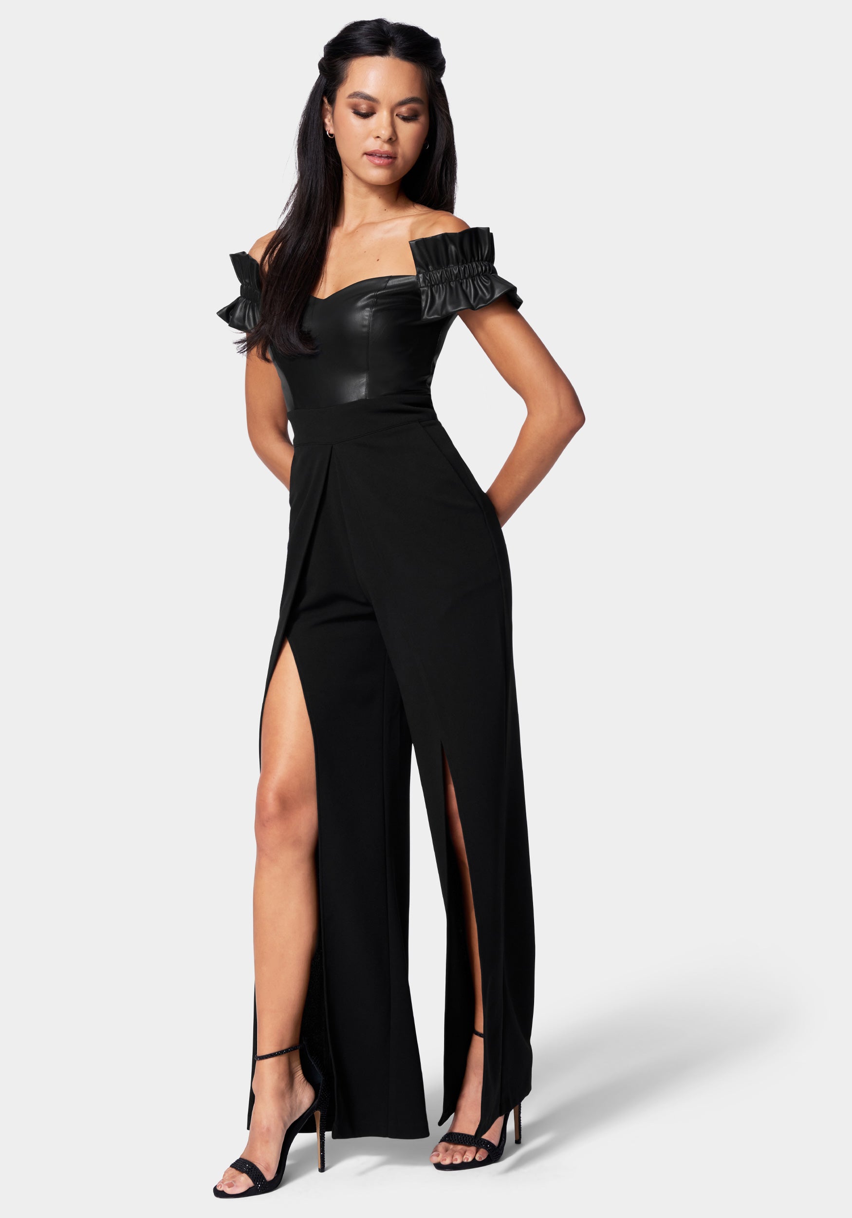 Vegan Leather Off Shoulder Wide Leg Jumpsuit