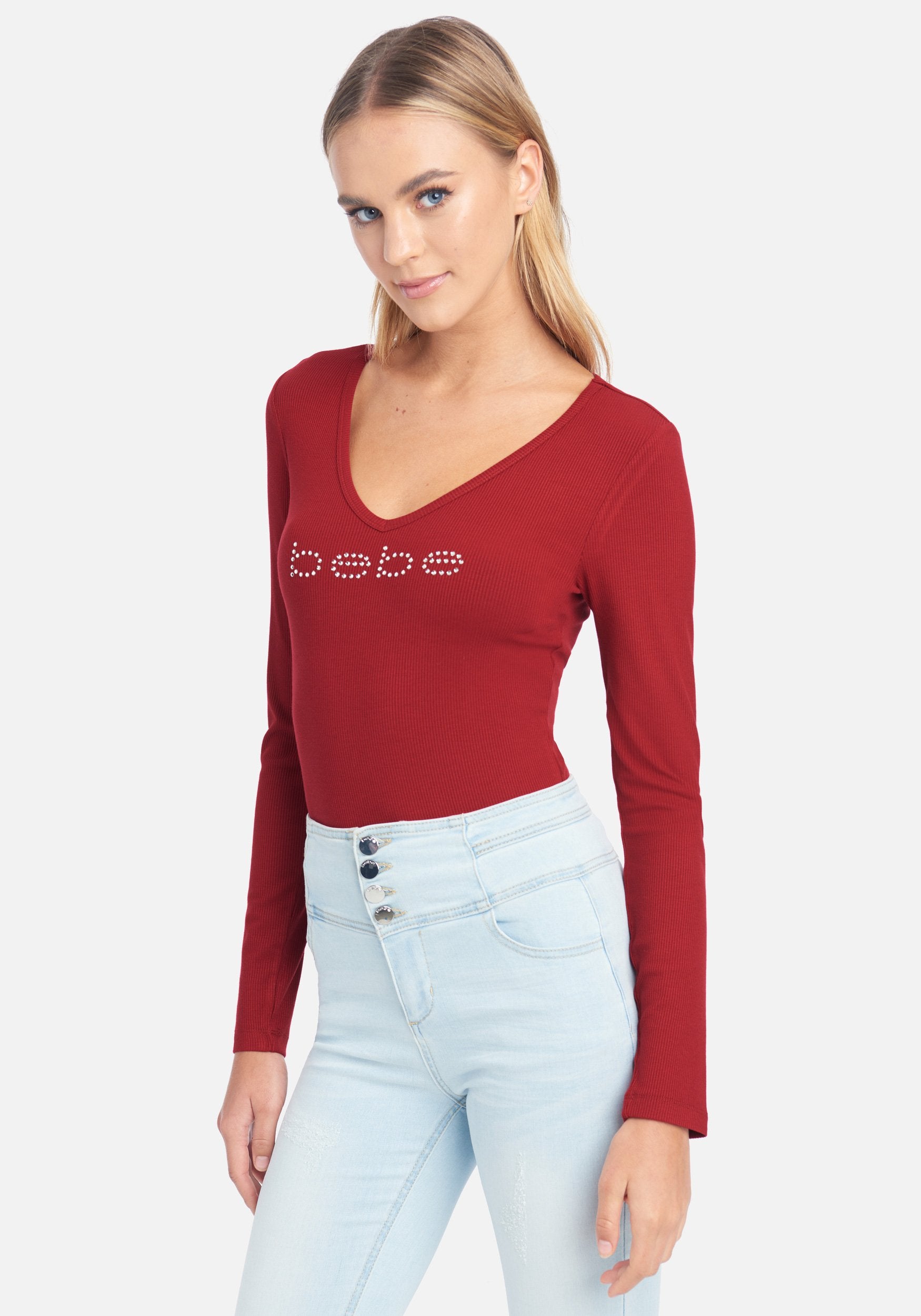 Crystal Logo V-Neck Long Sleeve Tee
