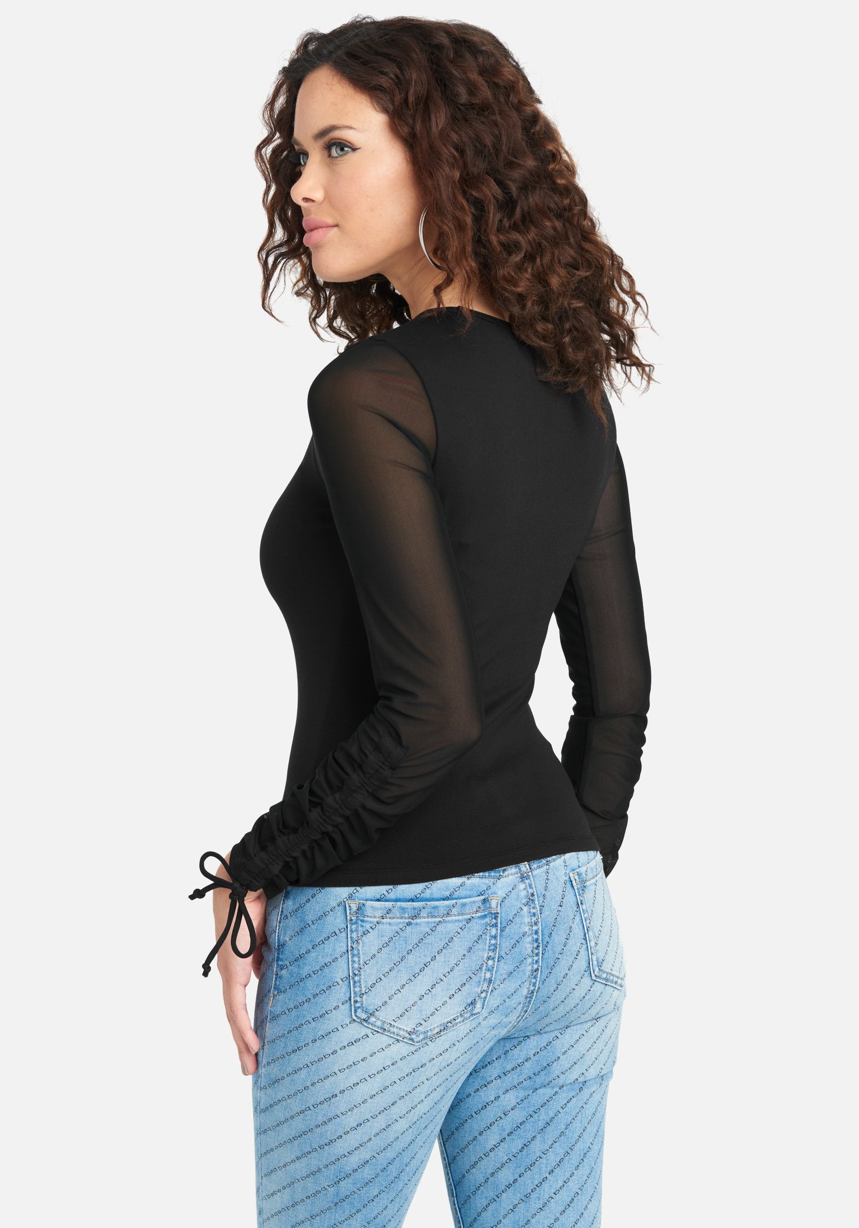 Bebe Logo Mesh Ruched Sleeve Top