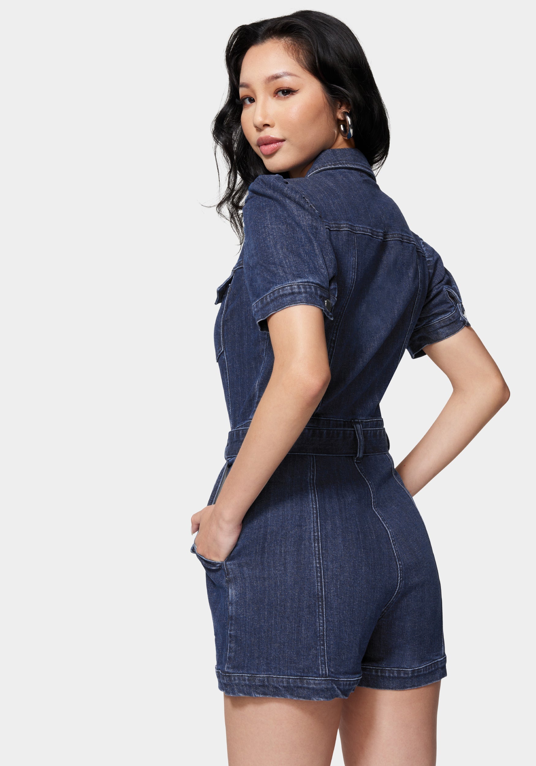 Button Front Short Sleeve Cuffed Denim Romper