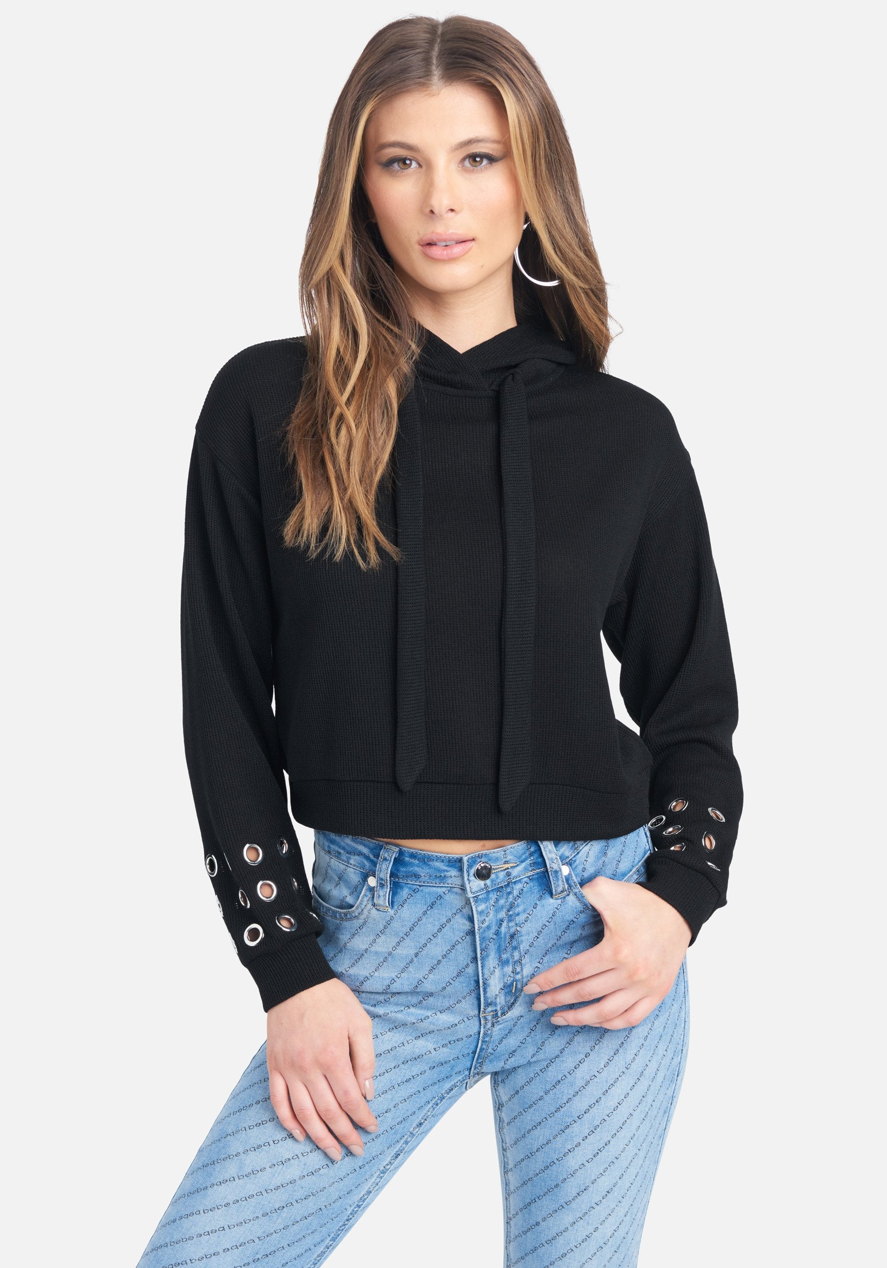 Grommet Detail Hooded Crop Sweater