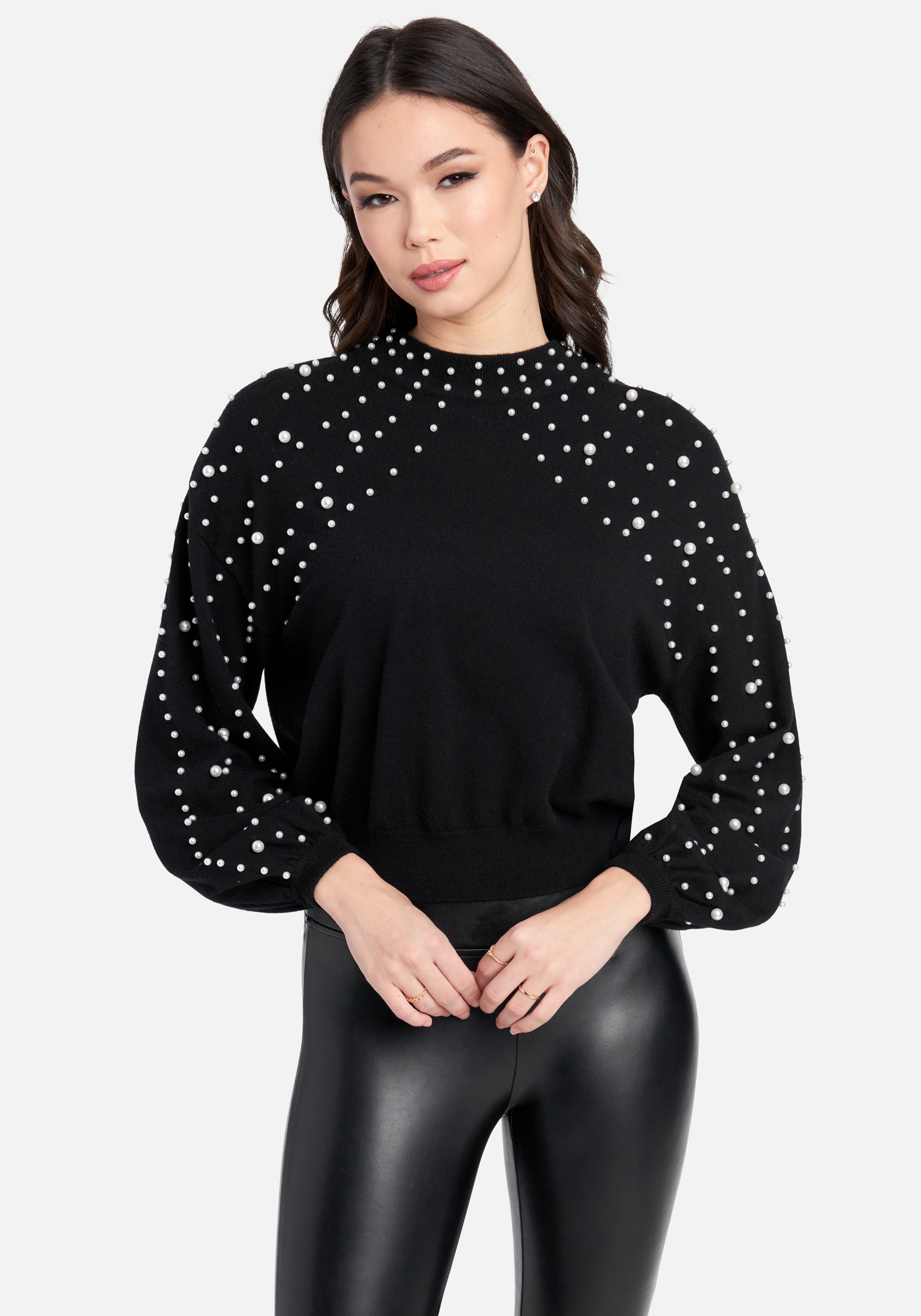 Pearl Detail Long Sleeve Mock Neck Sweater