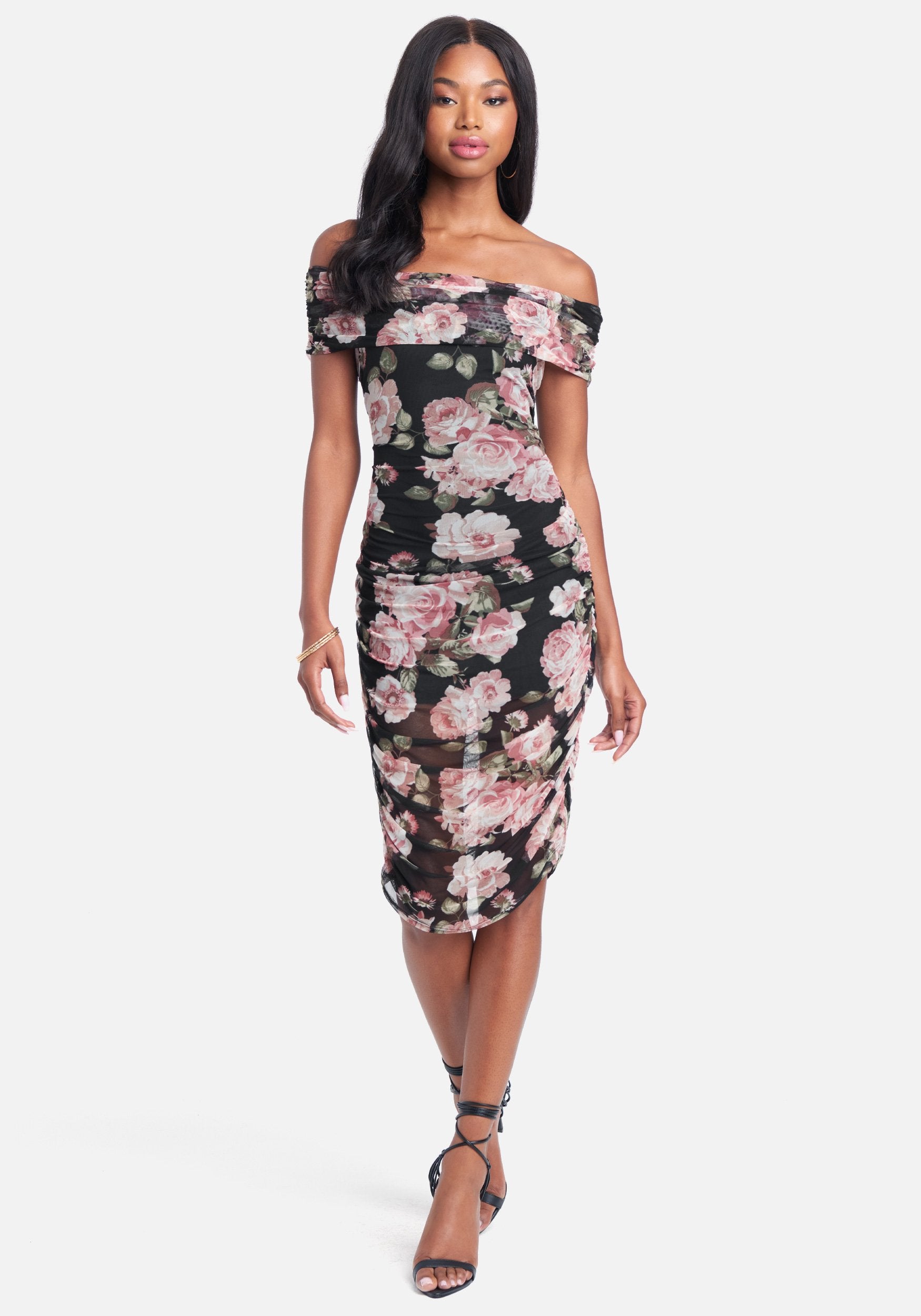 Off Shoulder Floral Ruched Dress
