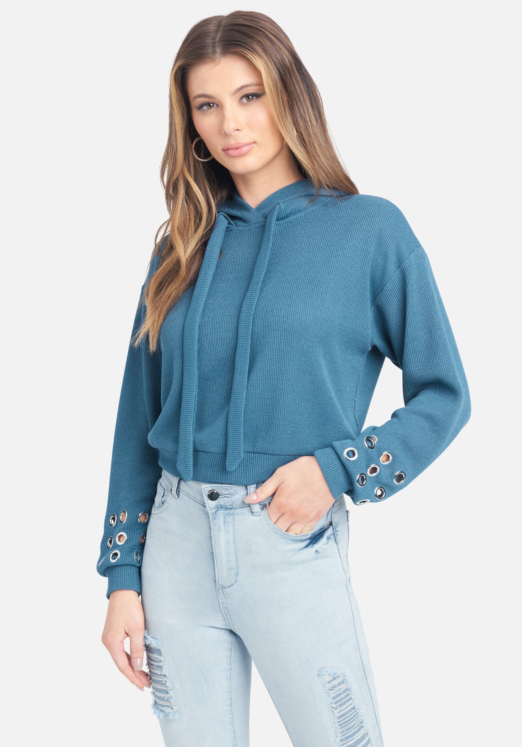 Grommet Detail Hooded Crop Sweater