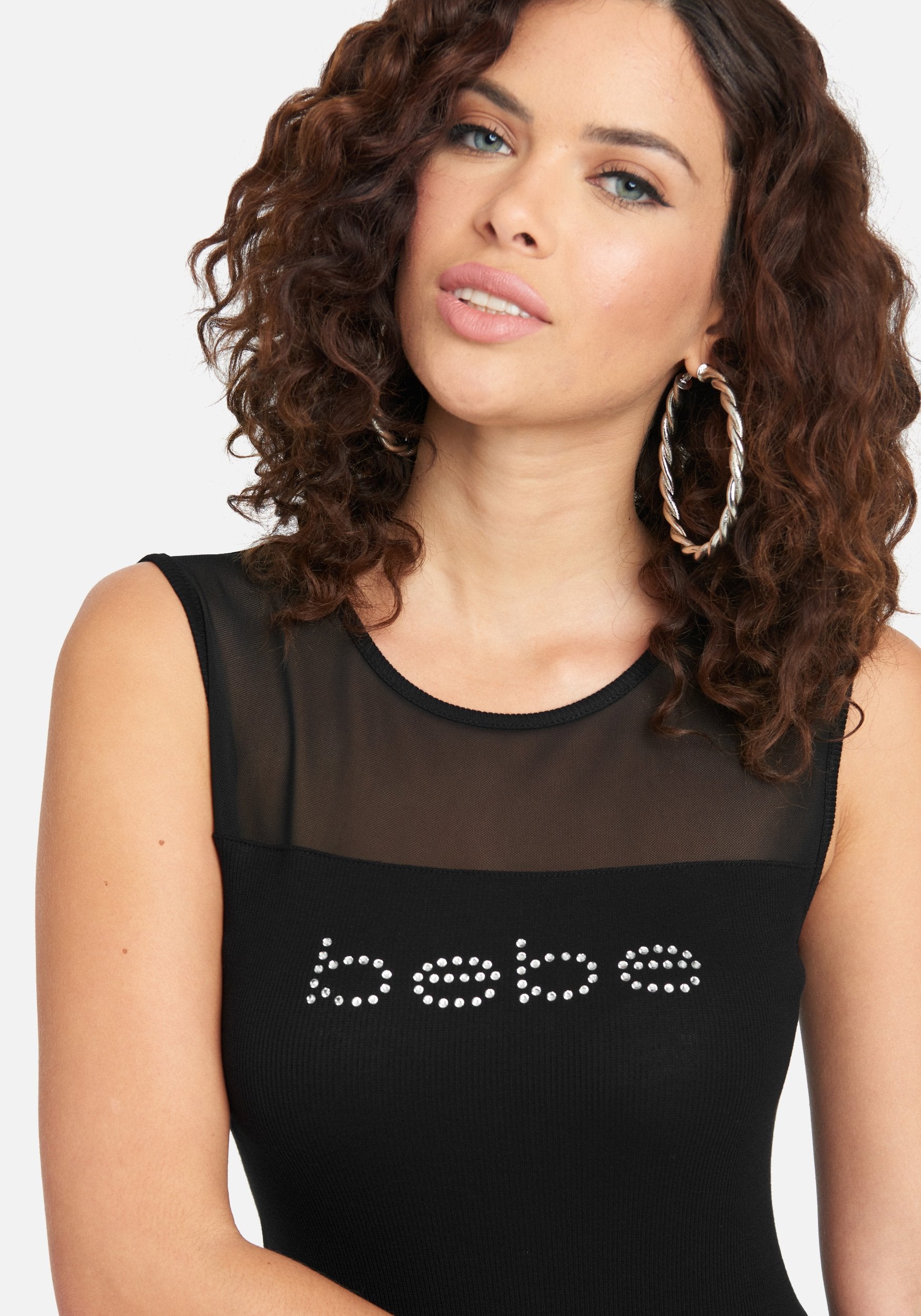 Mesh Insert Sleeveless Bebe Logo Dress