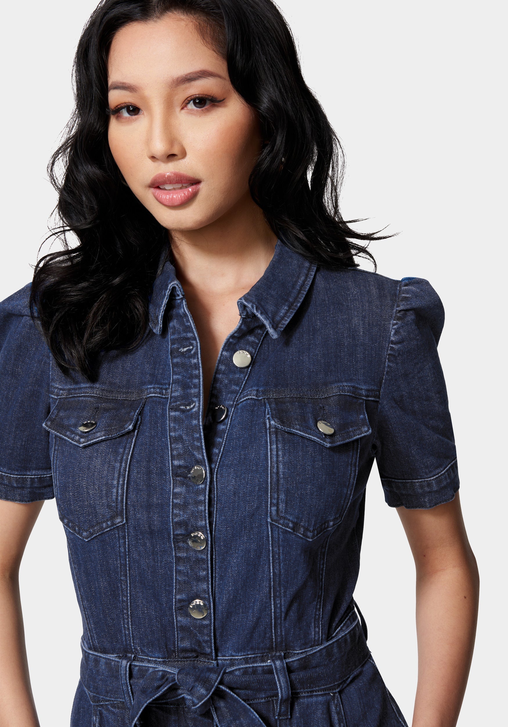 Button Front Short Sleeve Cuffed Denim Romper