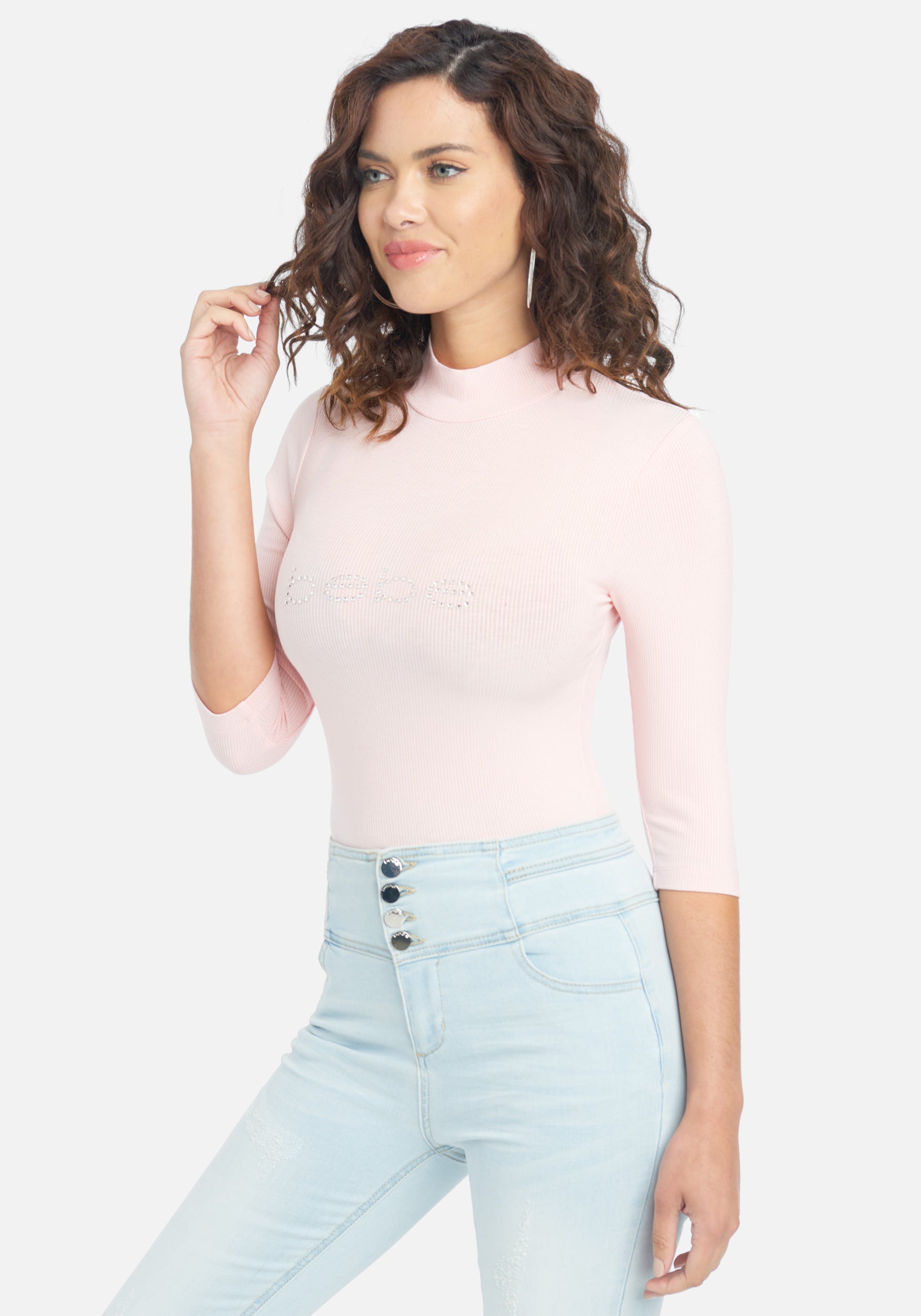 Crystal Logo Mock Neck 3/4 Sleeve Tee