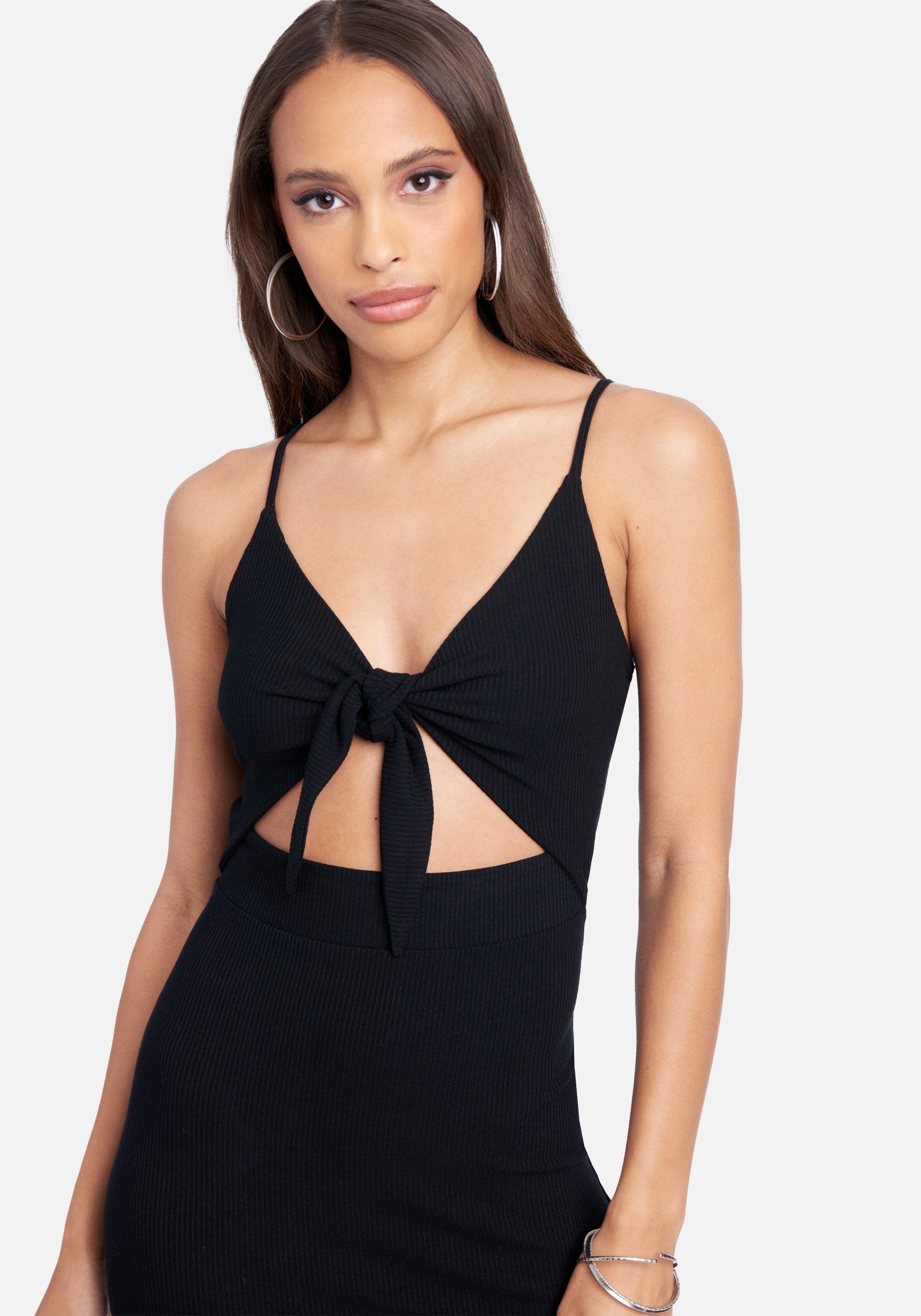 Tie Front Rib Knit Midi Dress