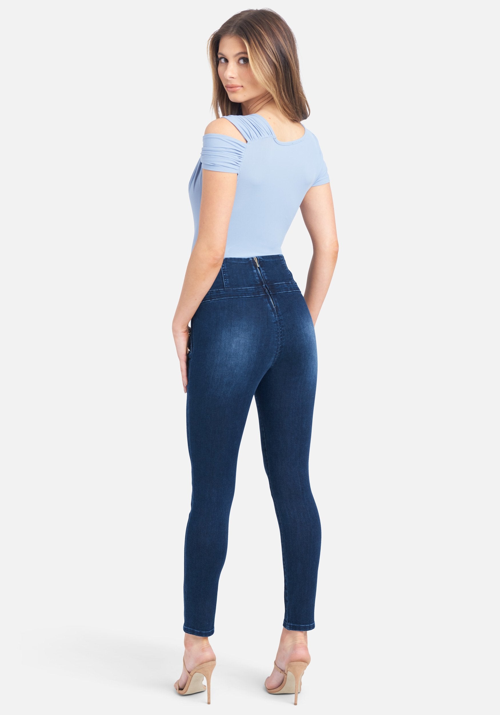 High Waisted Button Detail Skinny Jeans