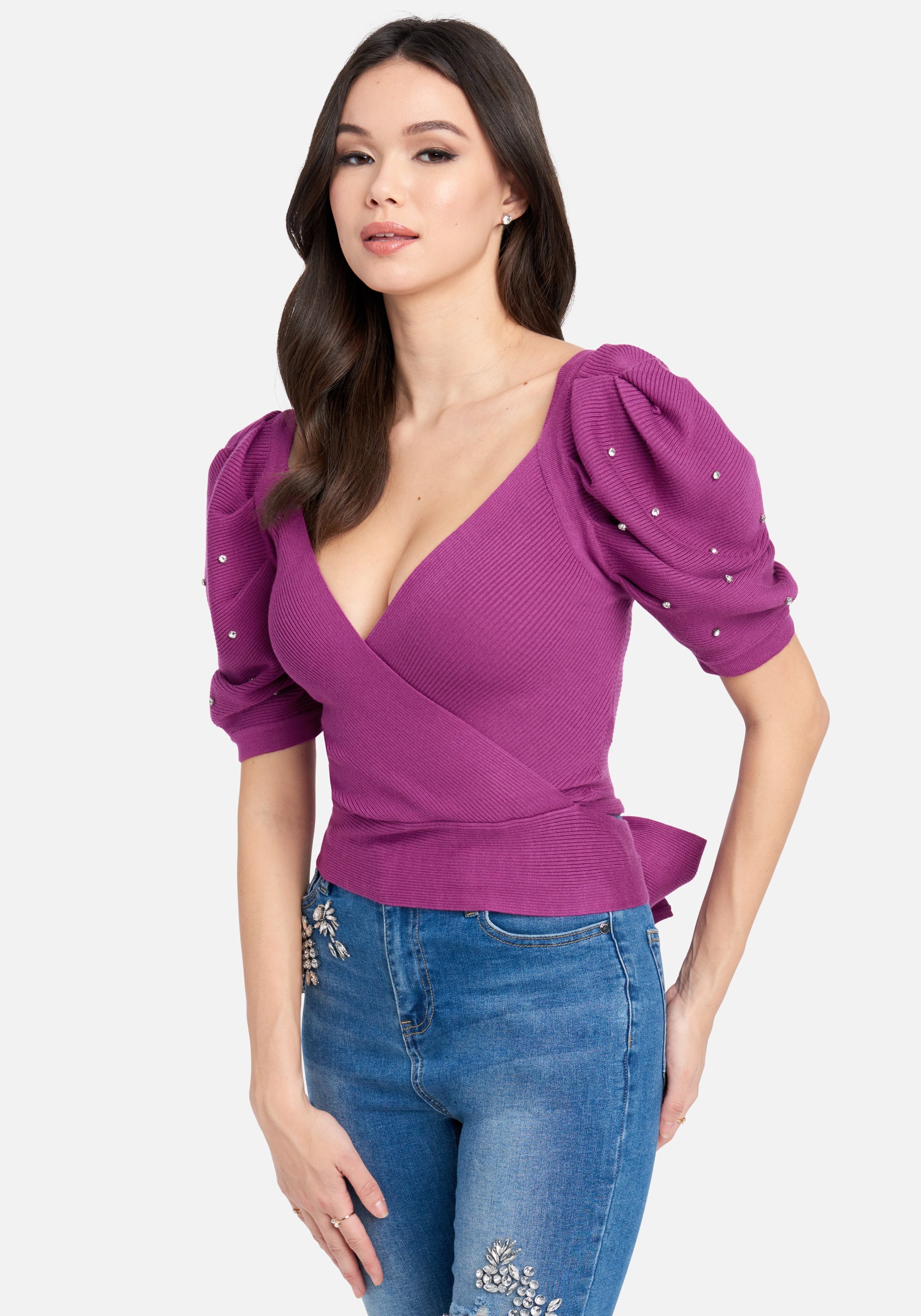 Puff Sleeve Pearl Detail Wrap Sweater