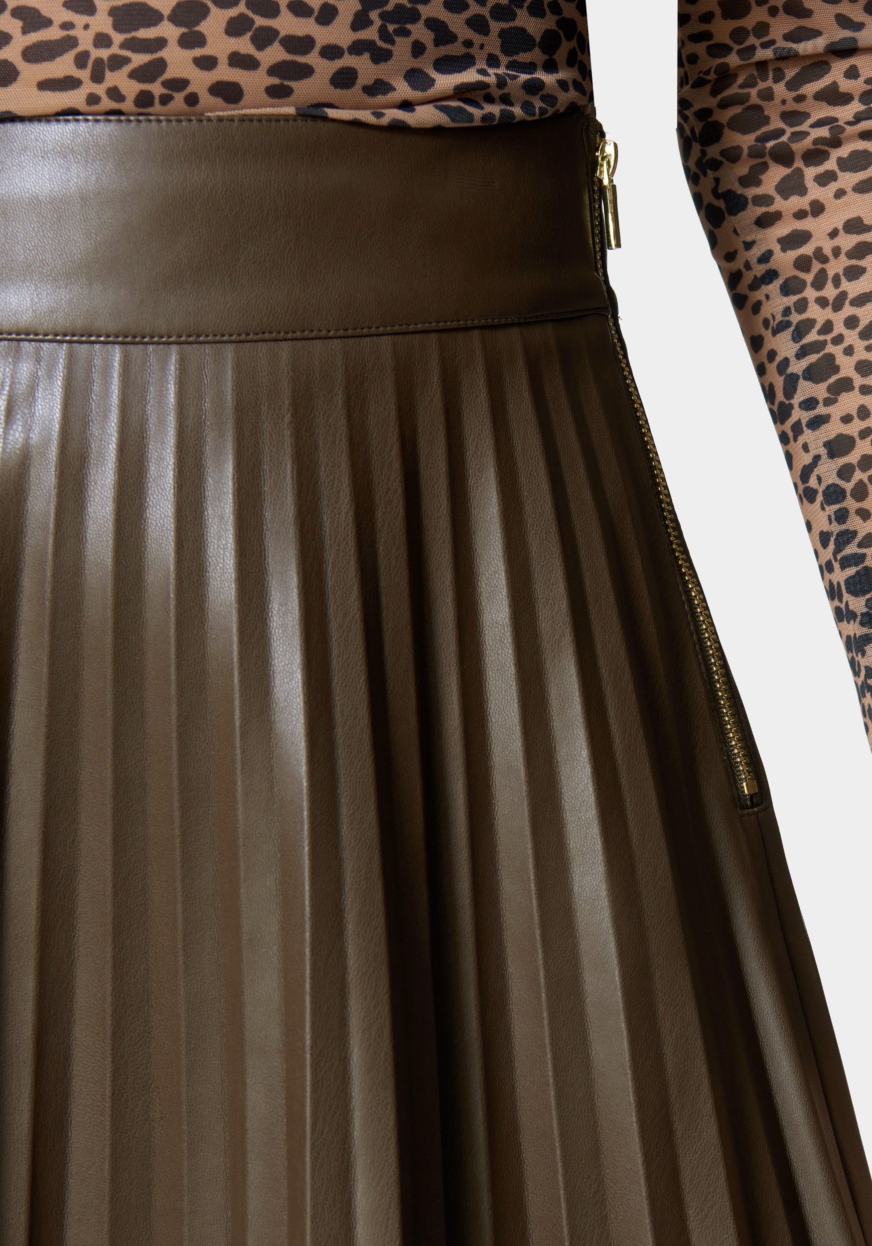 Pleated Side Zipper Vegan Leather Skirt
