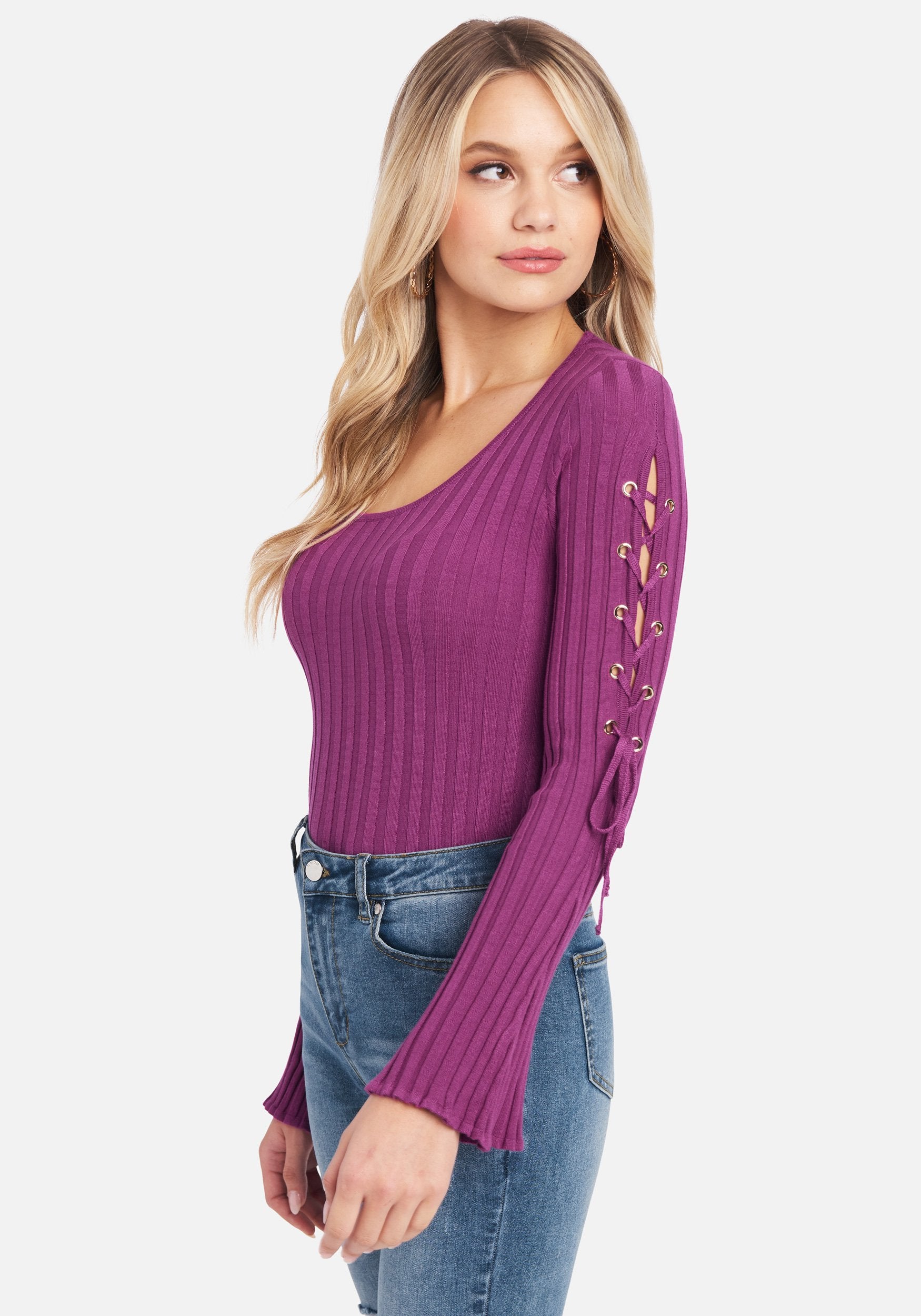 Scoop Neck Lace Up Bell Sleeve Sweater