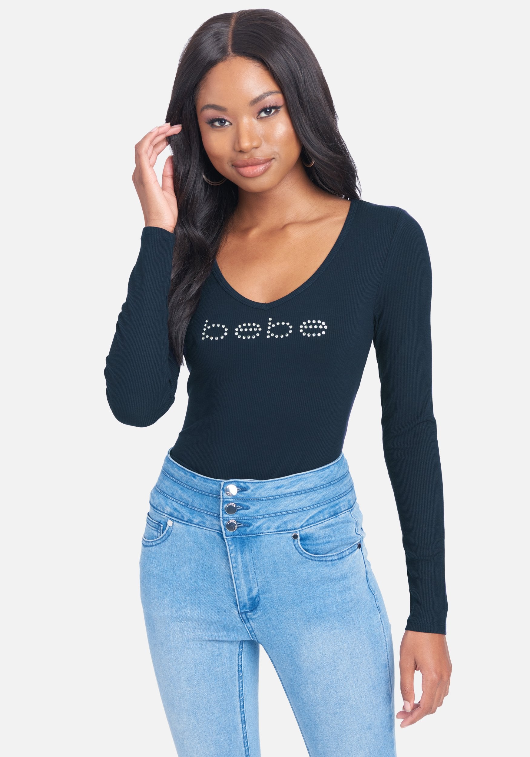 Crystal Logo V-Neck Long Sleeve Tee