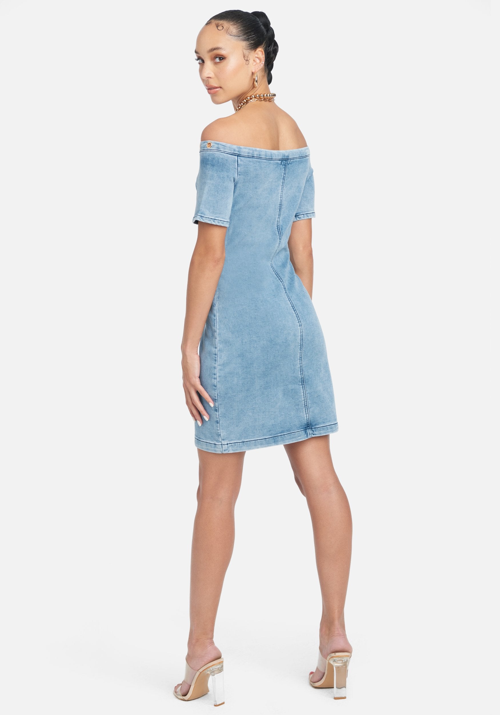 Off Shoulder Grommet Jean Dress