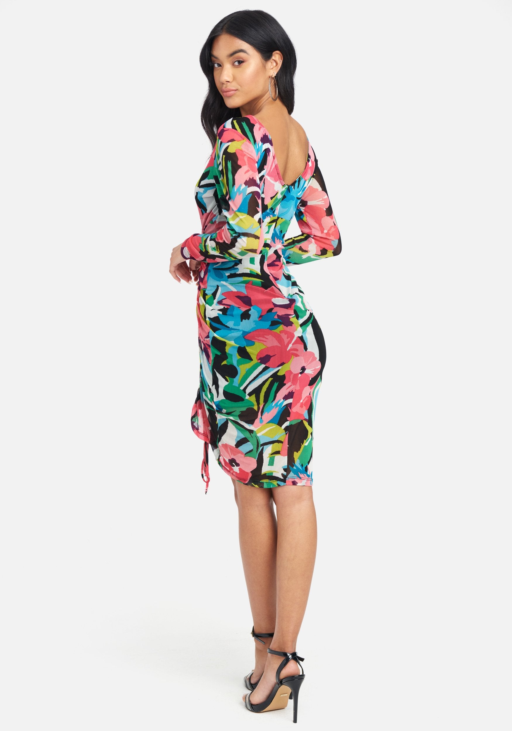 Long Sleeve Mesh Ruched Dress