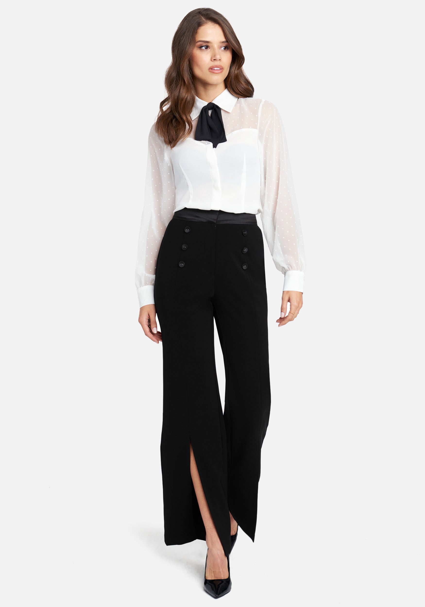 Twill Wide Leg Pant With Front Slit & Satin Waistband