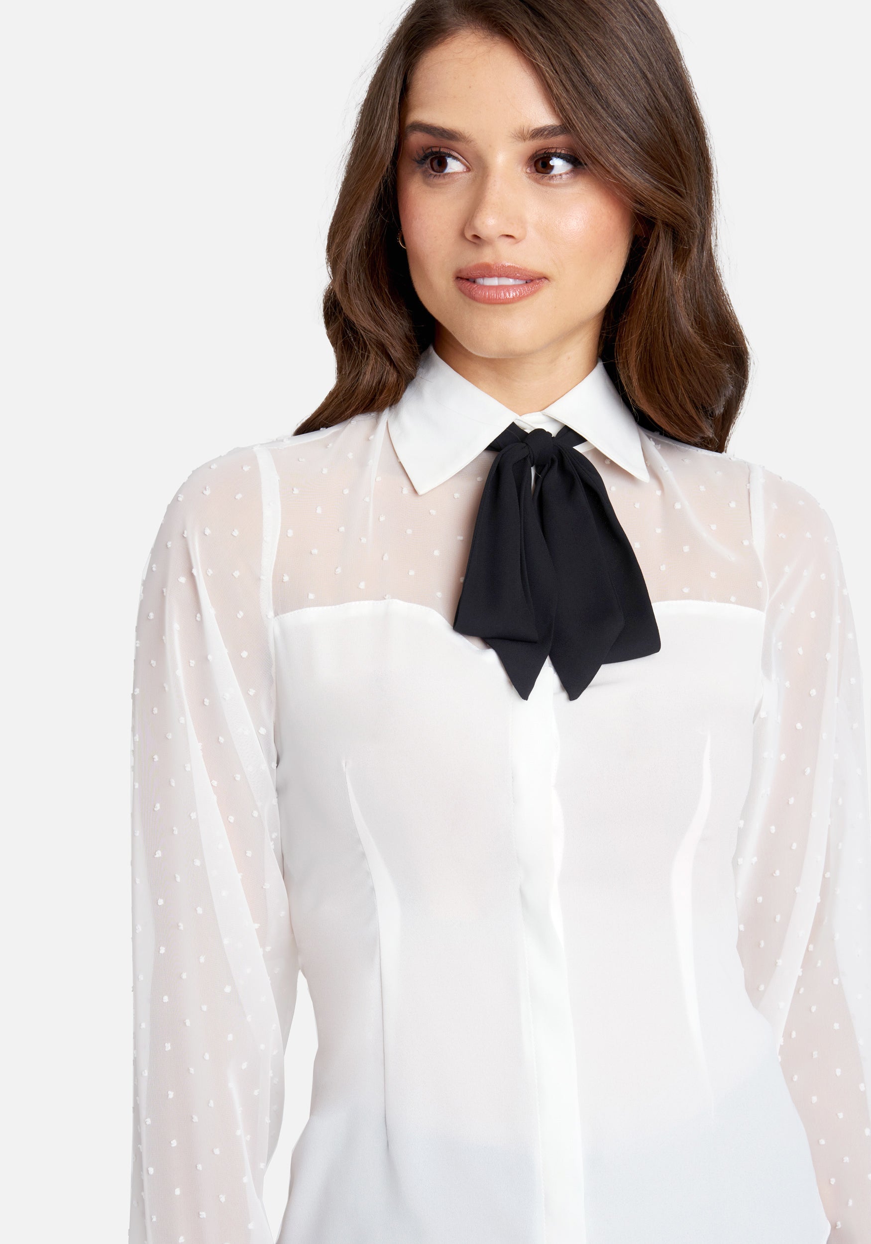 Woven Crepe Swiss Dot Yoke Blouse & Removable Neck Tie