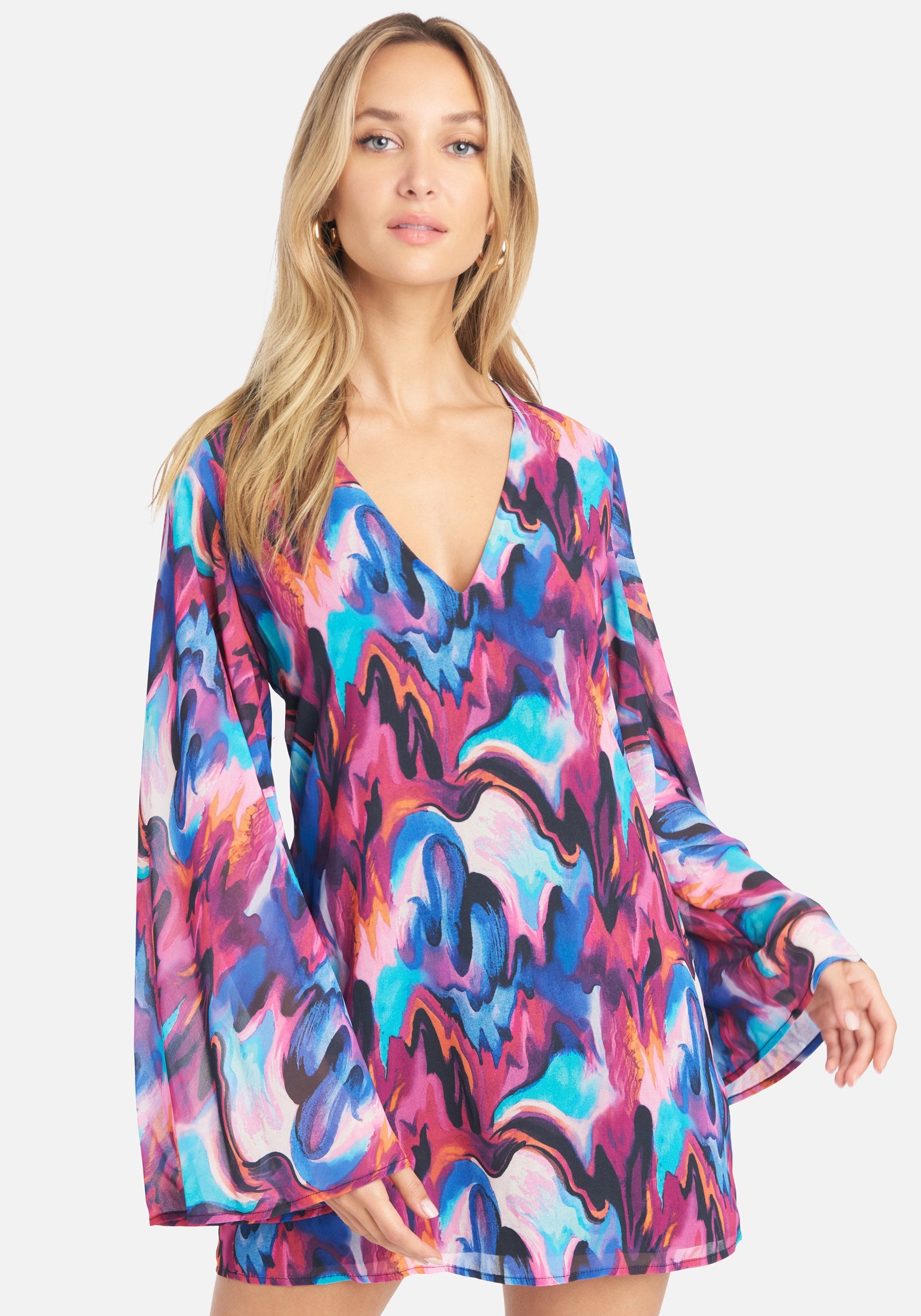 Long Sleeve Printed Trapeze Dress