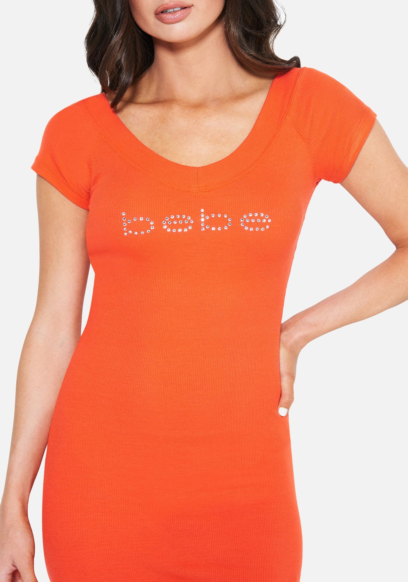 Crystal Logo Short Sleeve Double V-Neck Dress