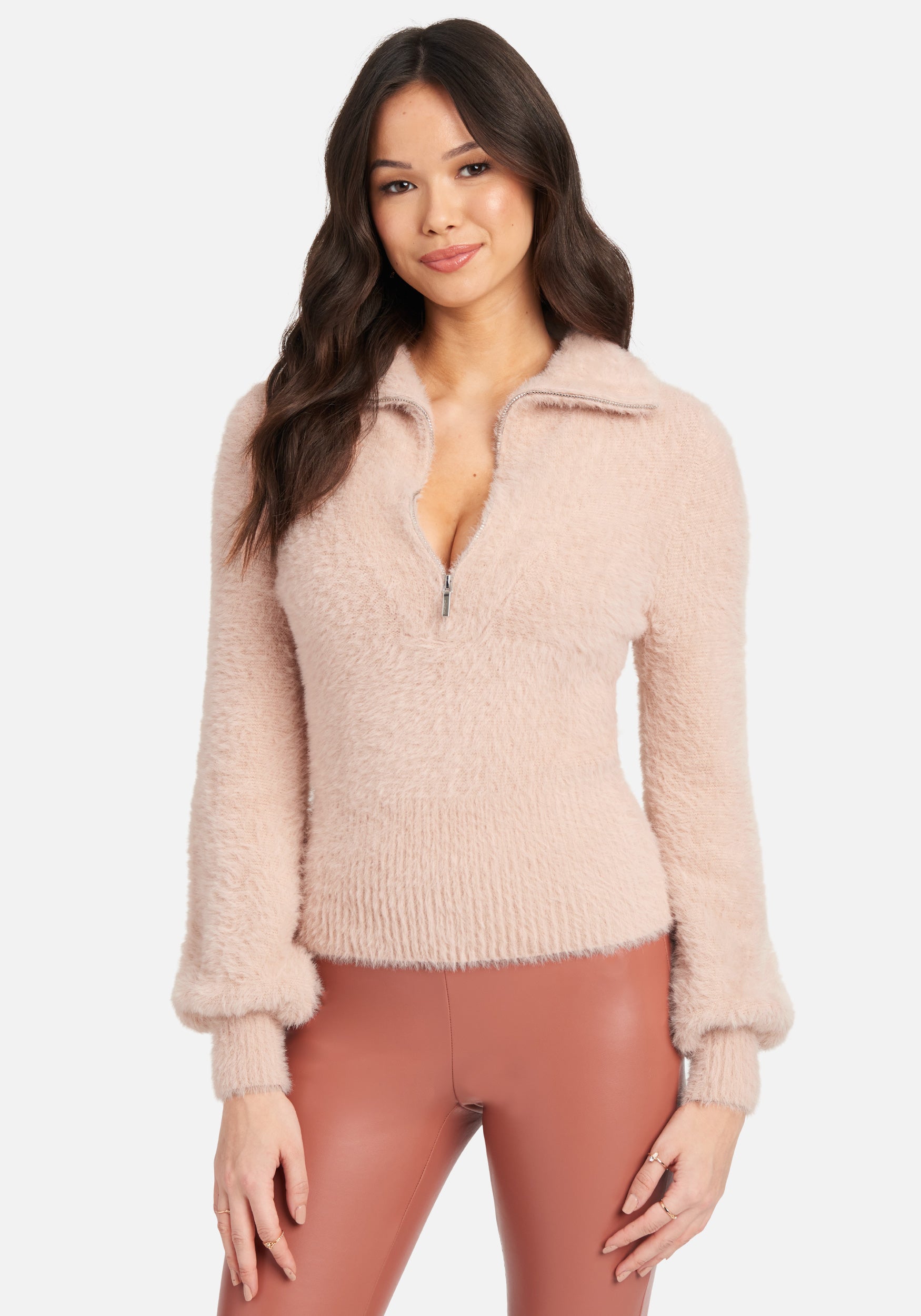 Zip Detail Collar Soft Fuzzy Sweater Top
