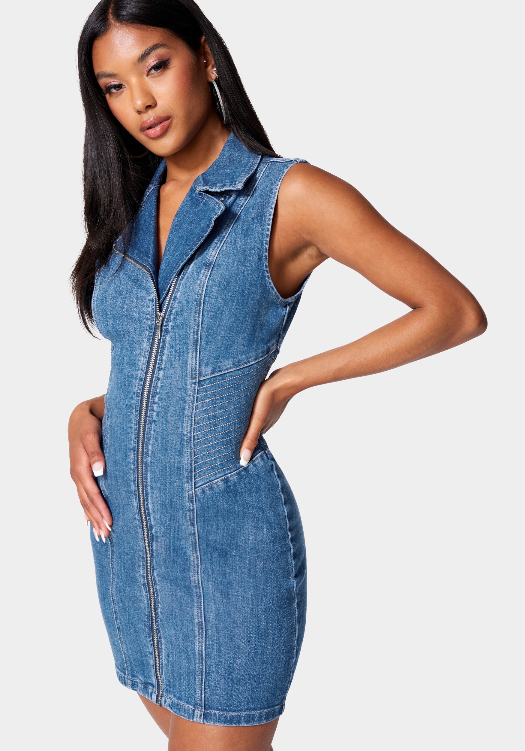 Multi Stitch Asymmetrical Zipper Denim Dress