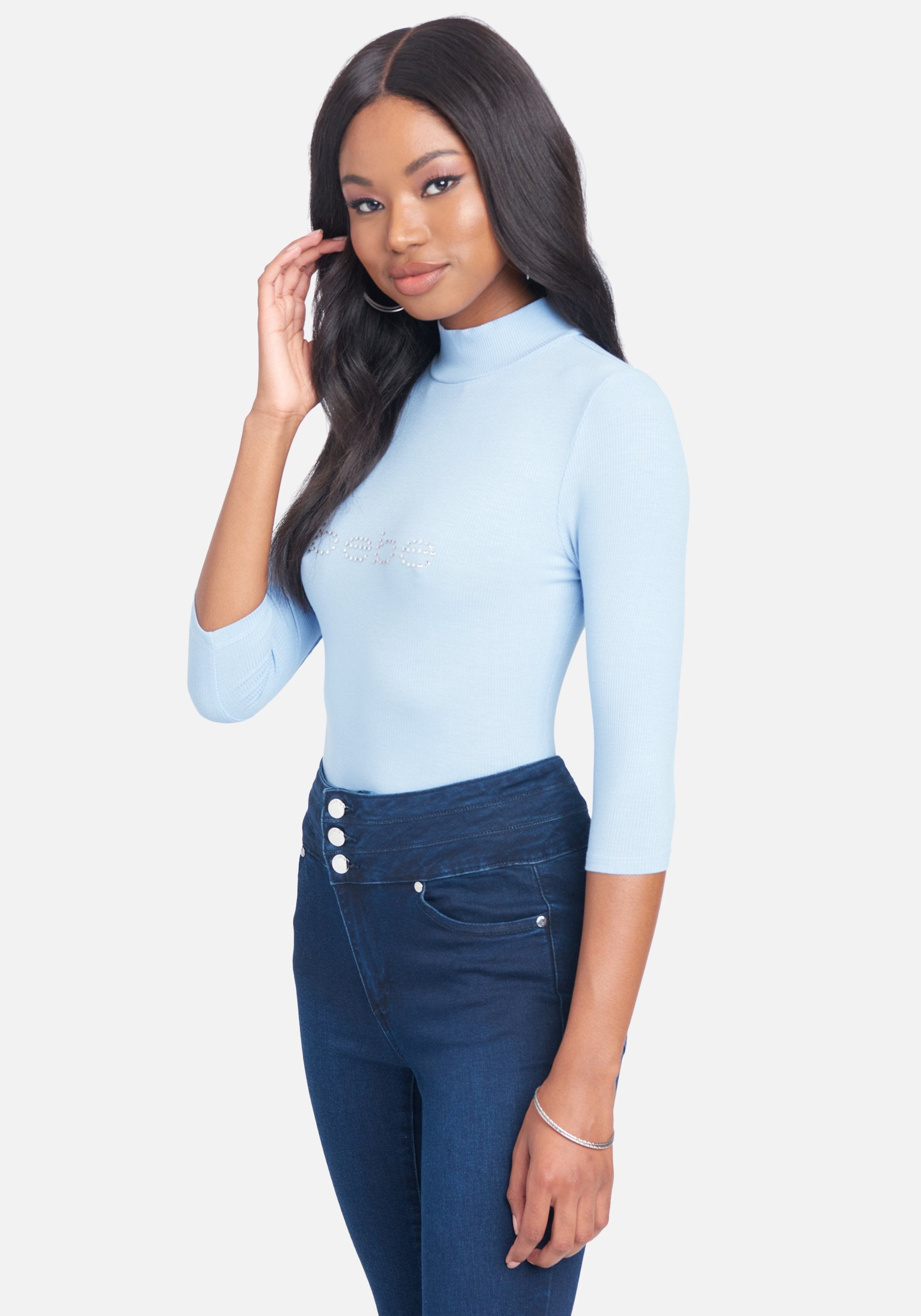 Crystal Logo Mock Neck 3/4 Sleeve Tee