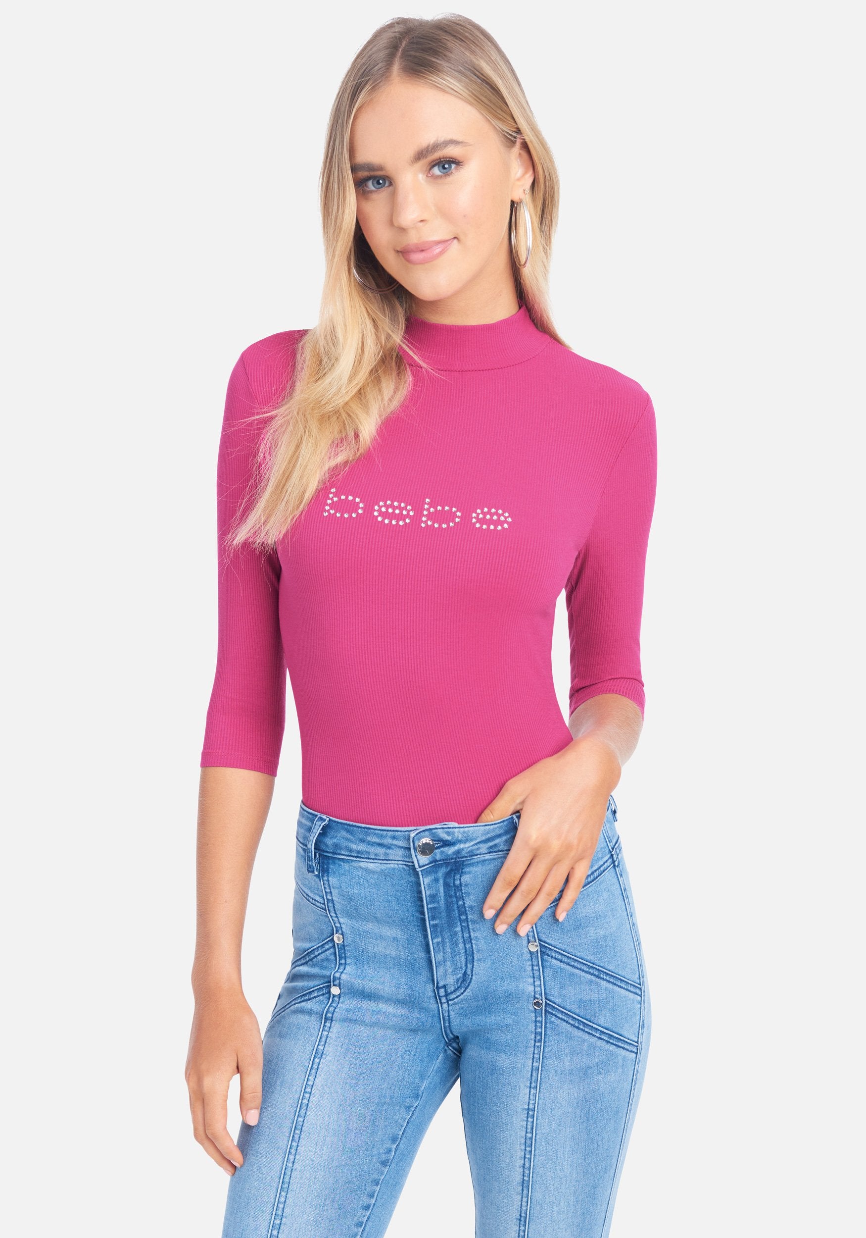 Crystal Logo Mock Neck 3/4 Sleeve Tee