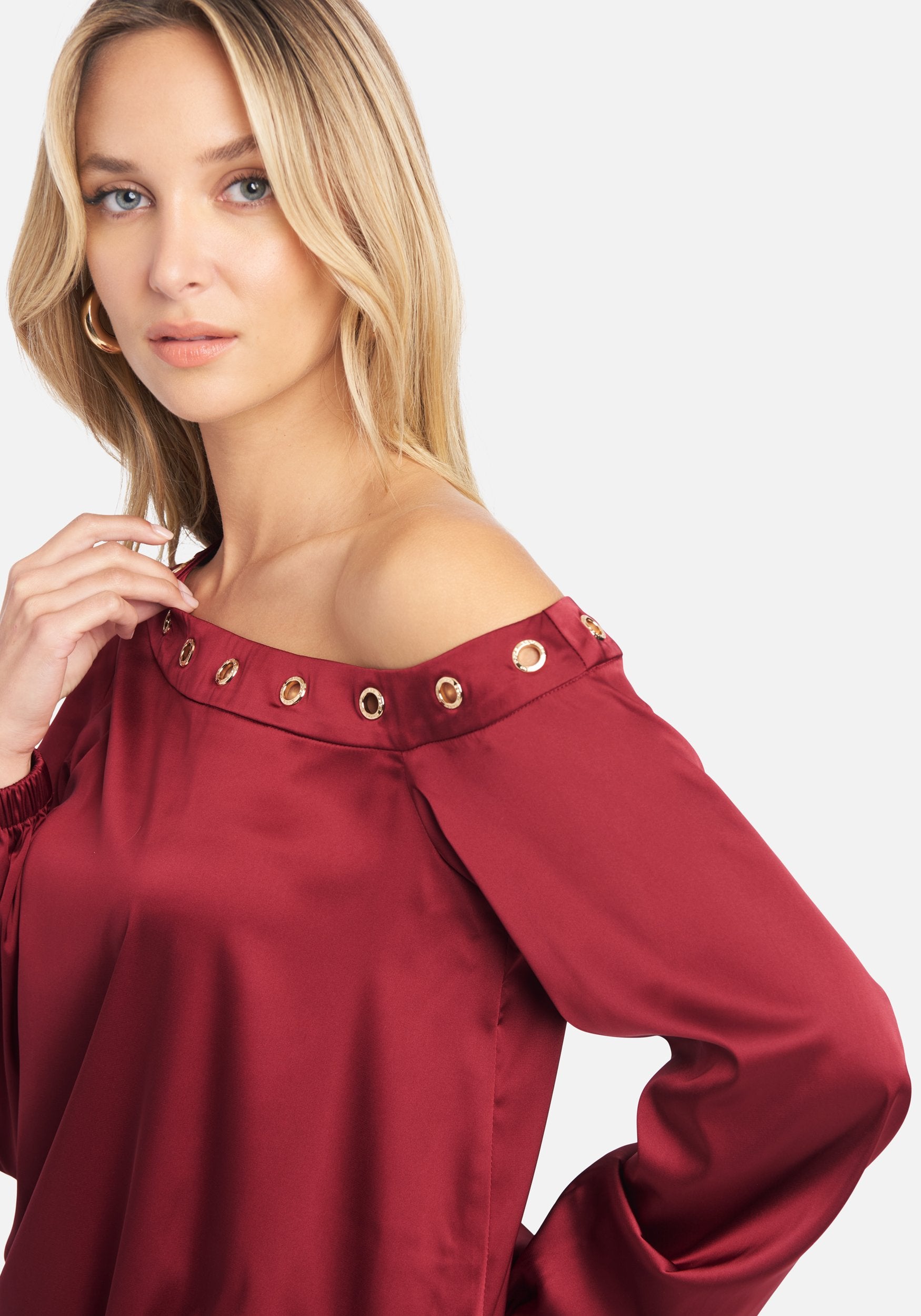 Off Shoulder Grommet Detail Satin Blouse