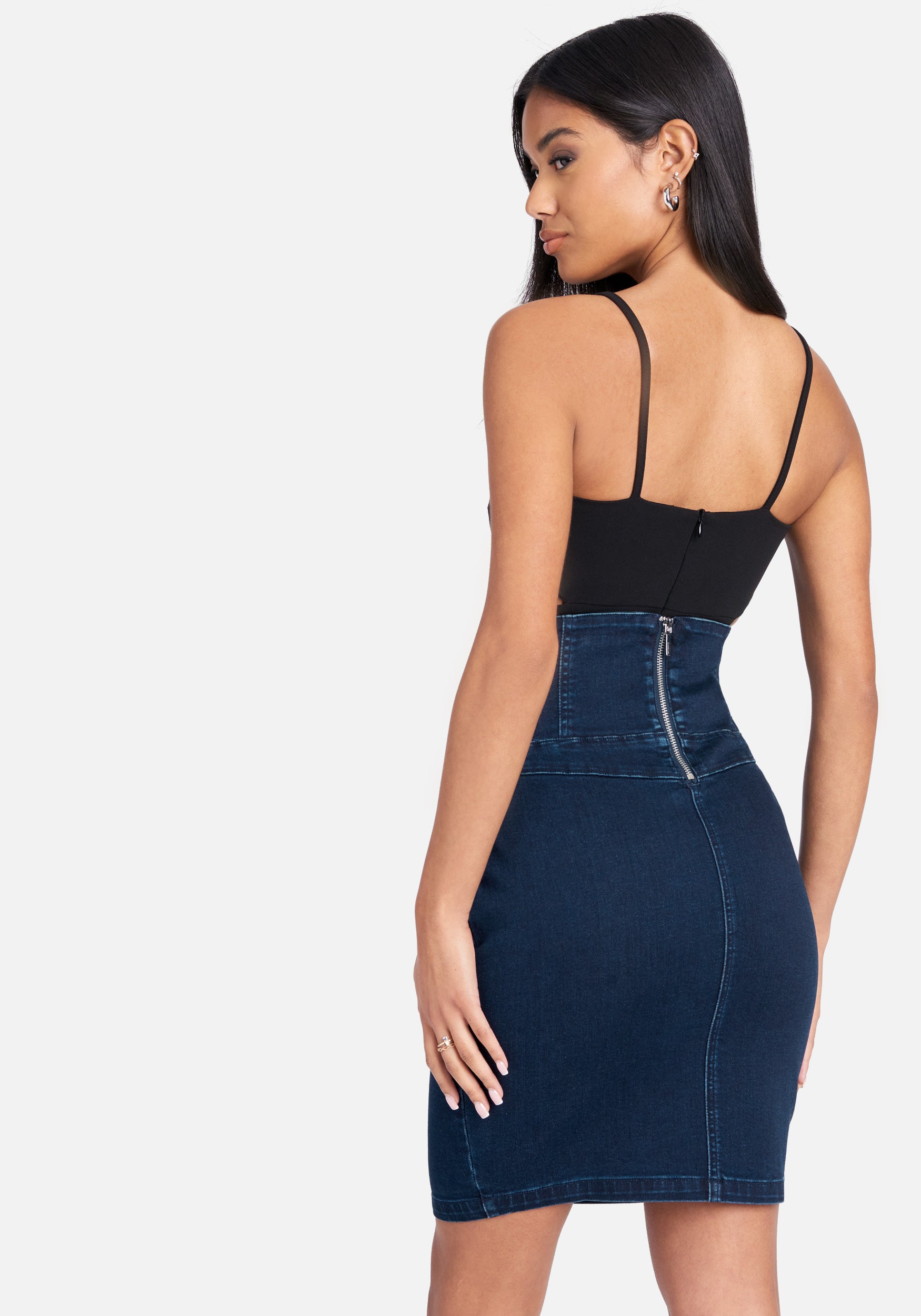 High Waist Snap Front Detail Zip Back Pencil Denim Skirt