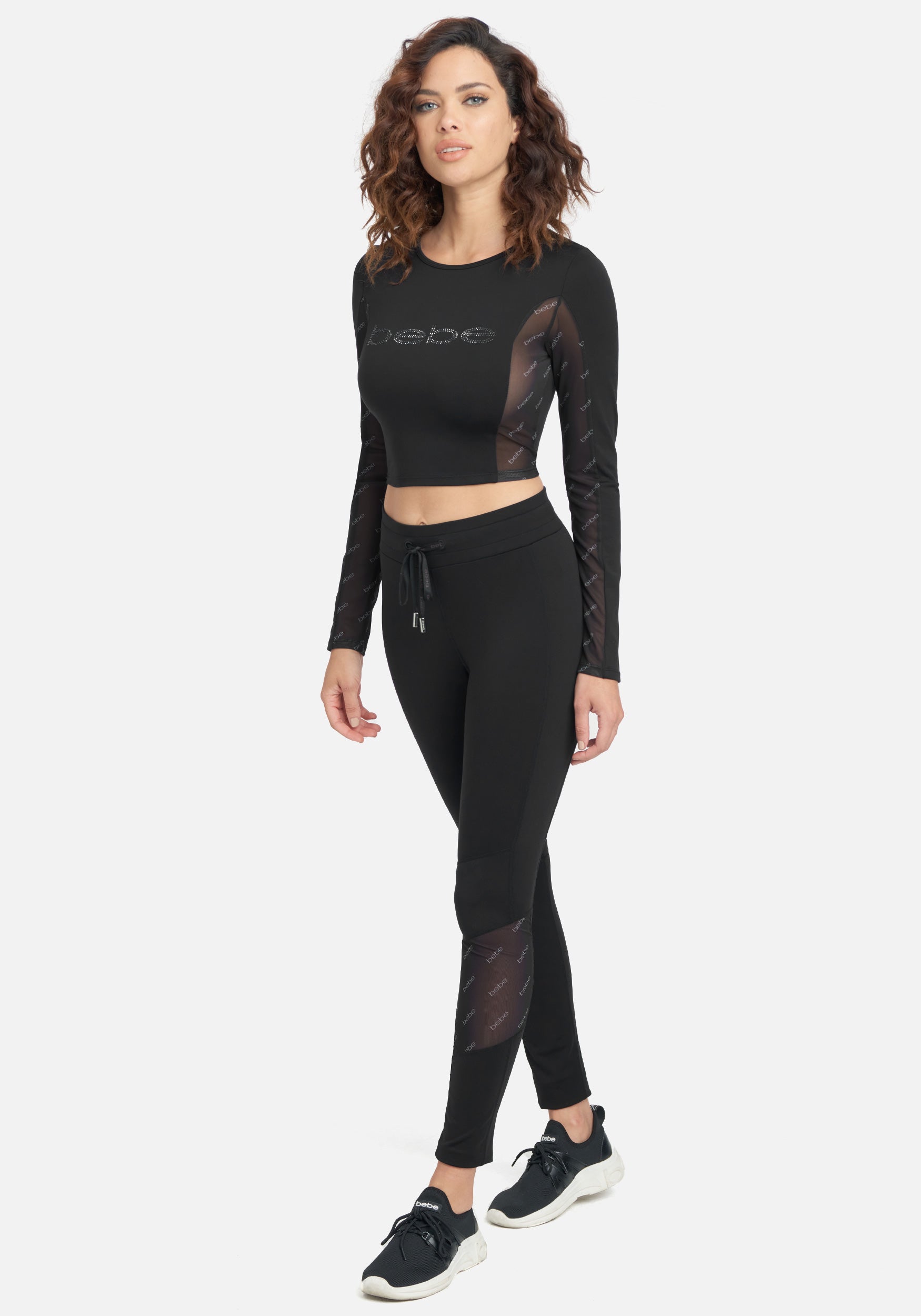 Bebe Logo Knit With Mesh Sleeve Top