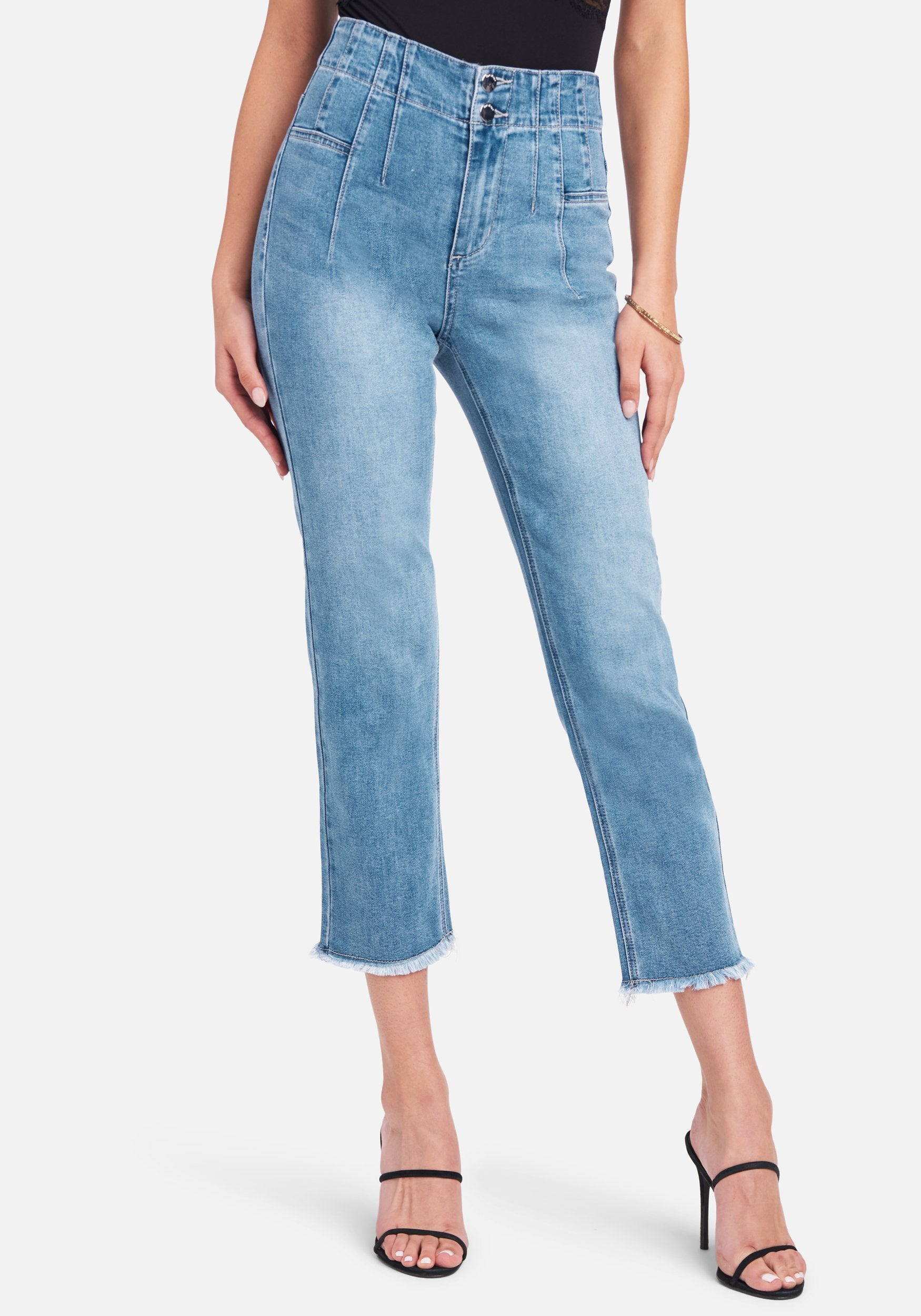 High Rise Front Pleating Straight Leg Jeans
